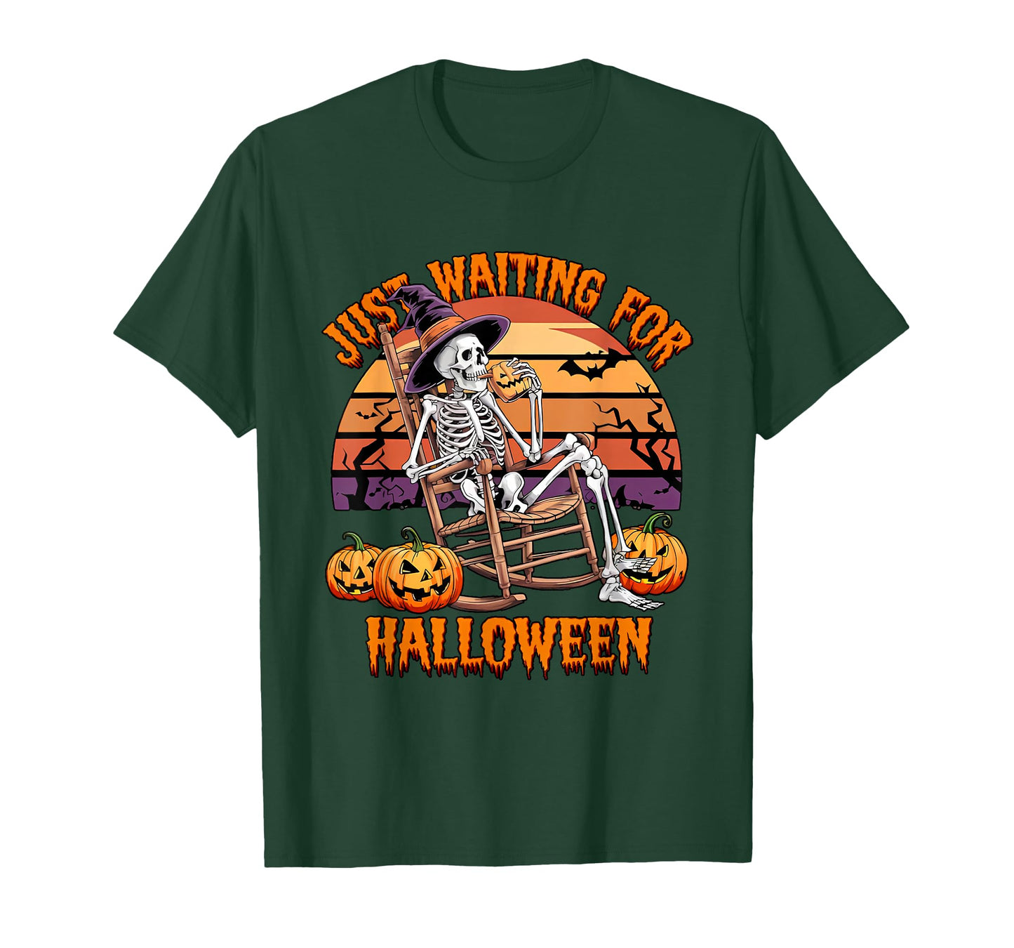 Funny Just Waiting for Halloween Pumpkin Skeleton Witch Meme T-Shirt