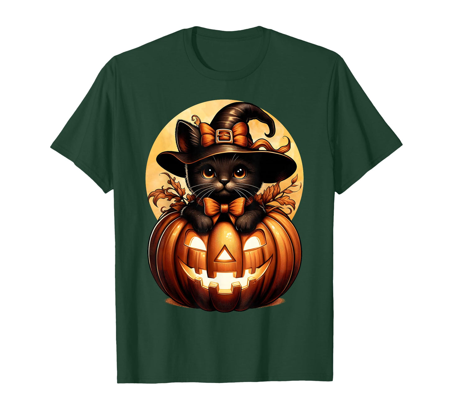 Black Cat Witch Hat Pumpkin Halloween Costume Fall Autumn T-Shirt