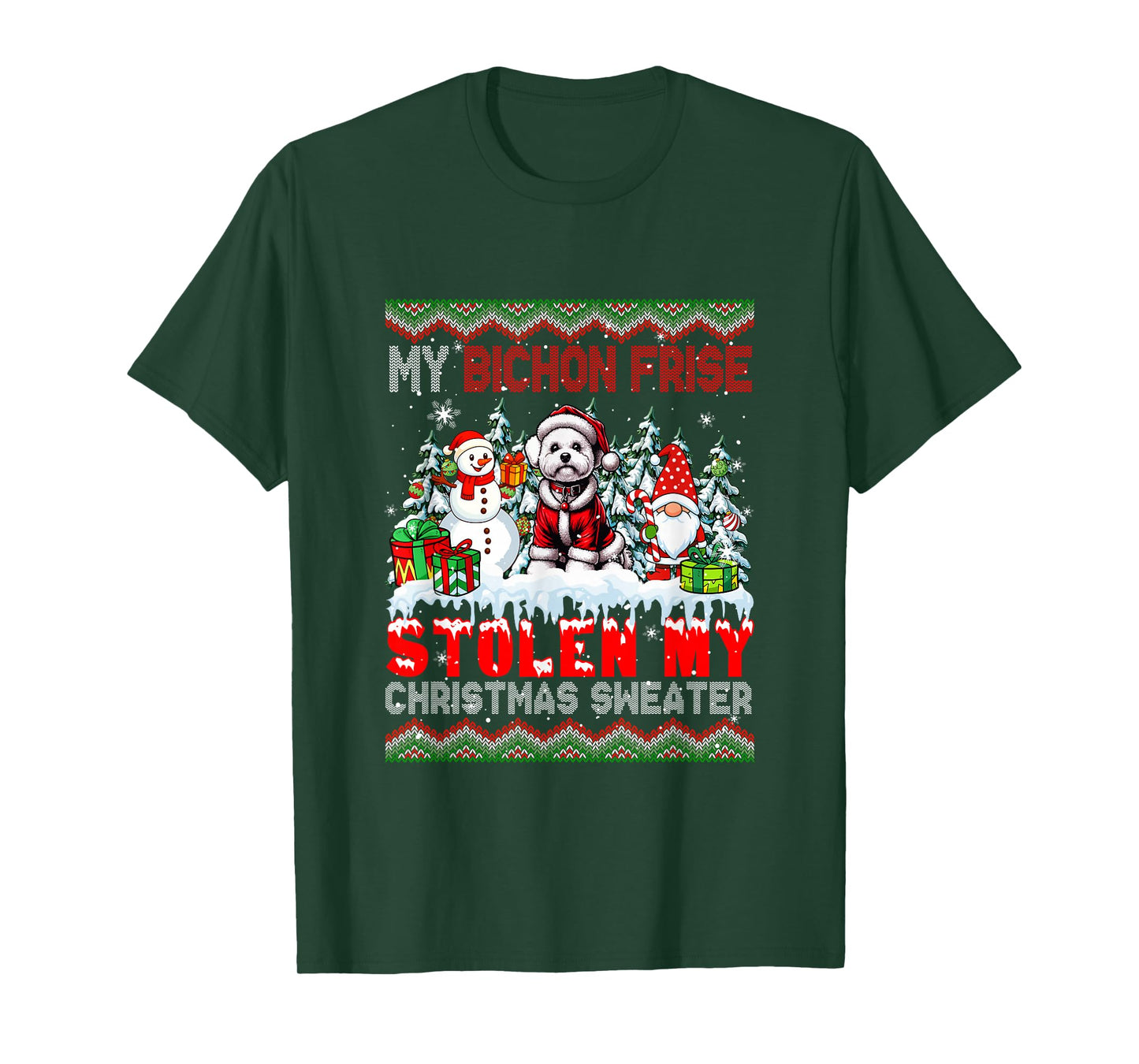 My Bichon Frise Stolen My Christmas Sweater Santa Dog Gnome T-Shirt