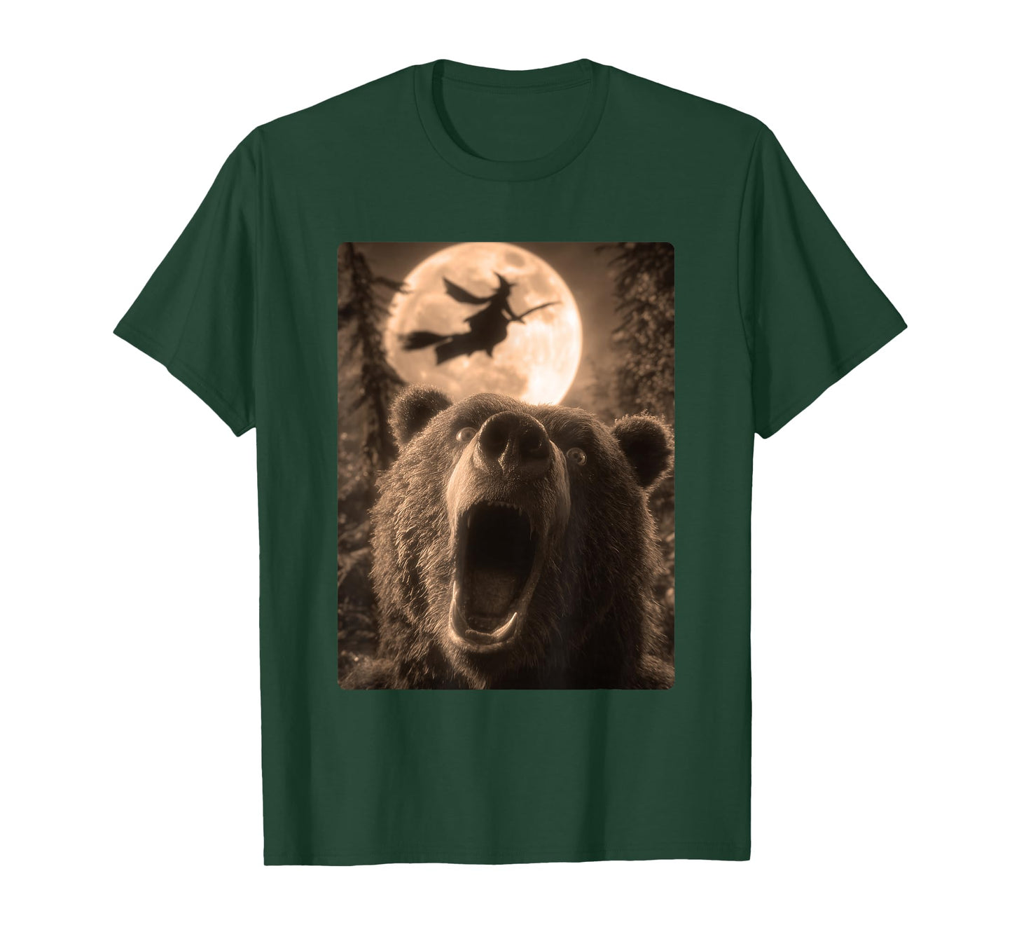 Funny Bear Selfie Full Moon Flying Witch Forest Halloween T-Shirt