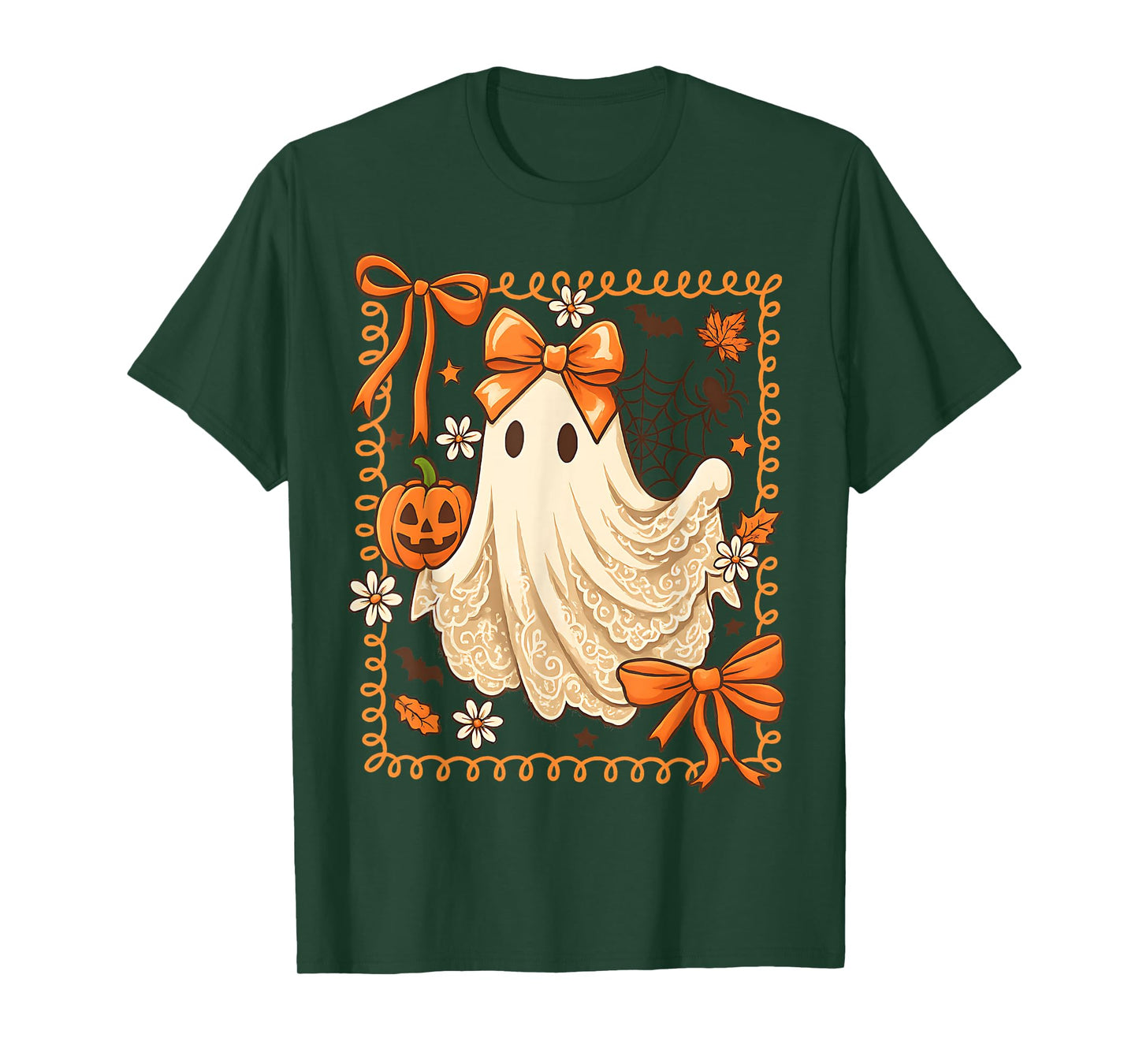 Preppy Lace Ghost With Bow Lace Pumpkin Season Halloween T-Shirt