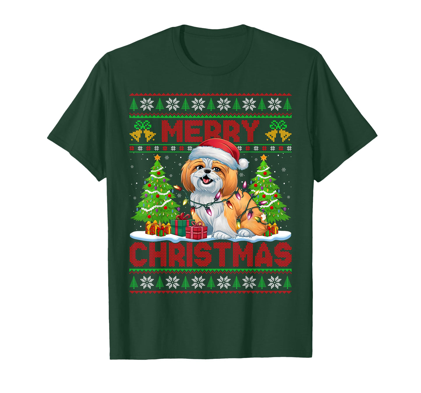 Shih Tzu Ugly Christmas Sweaters Funny Pet Dog Lights Xmas T-Shirt