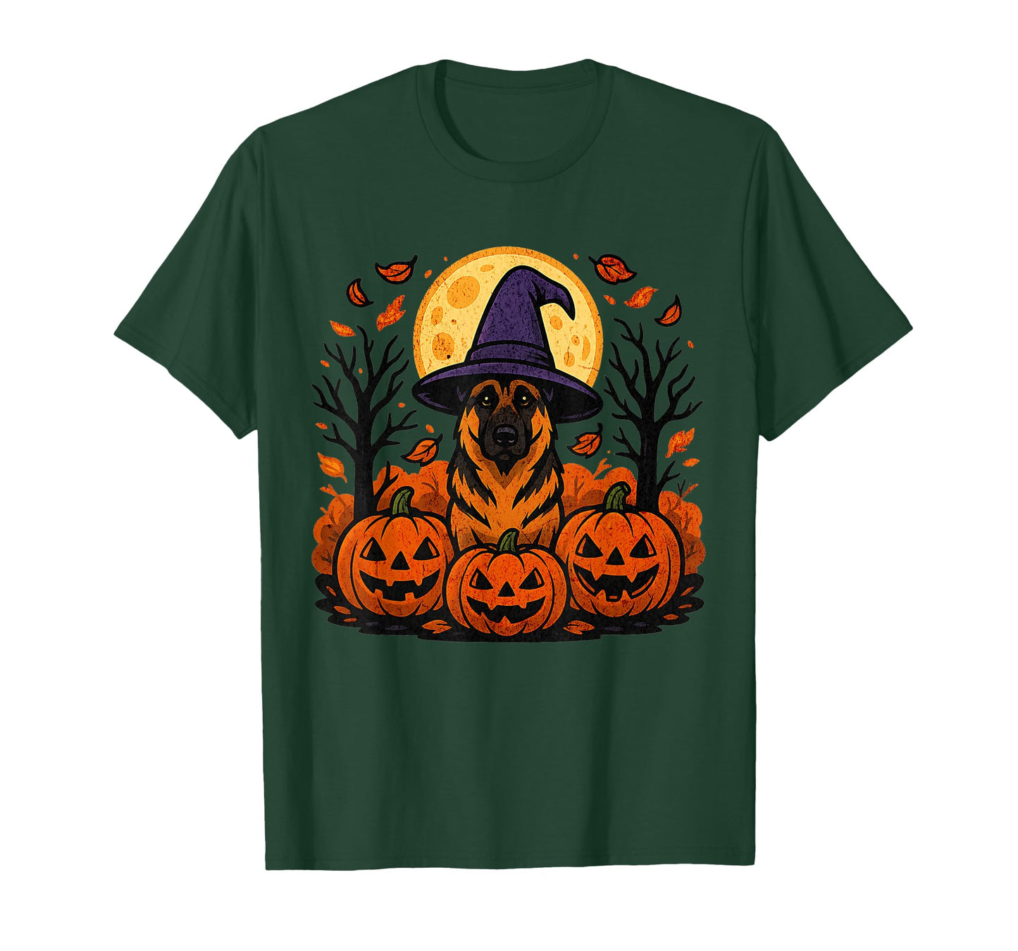 Halloween German Shepherd Witch Hat Pumpkins Autumn Leaves T-Shirt
