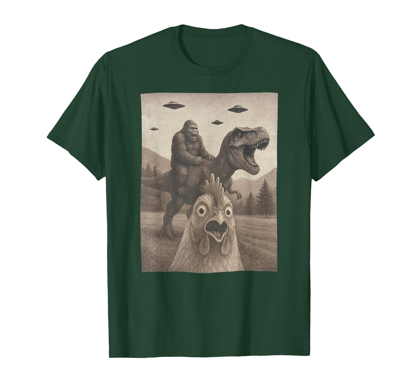 Funny Chicken Shirts, Chicken Selfie Bigfoot Riding T rex T-Shirt