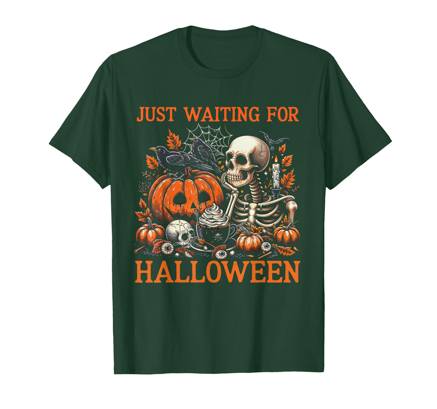 Just Waiting for Halloween Skeleton Haunted Coffee Lover T-Shirt