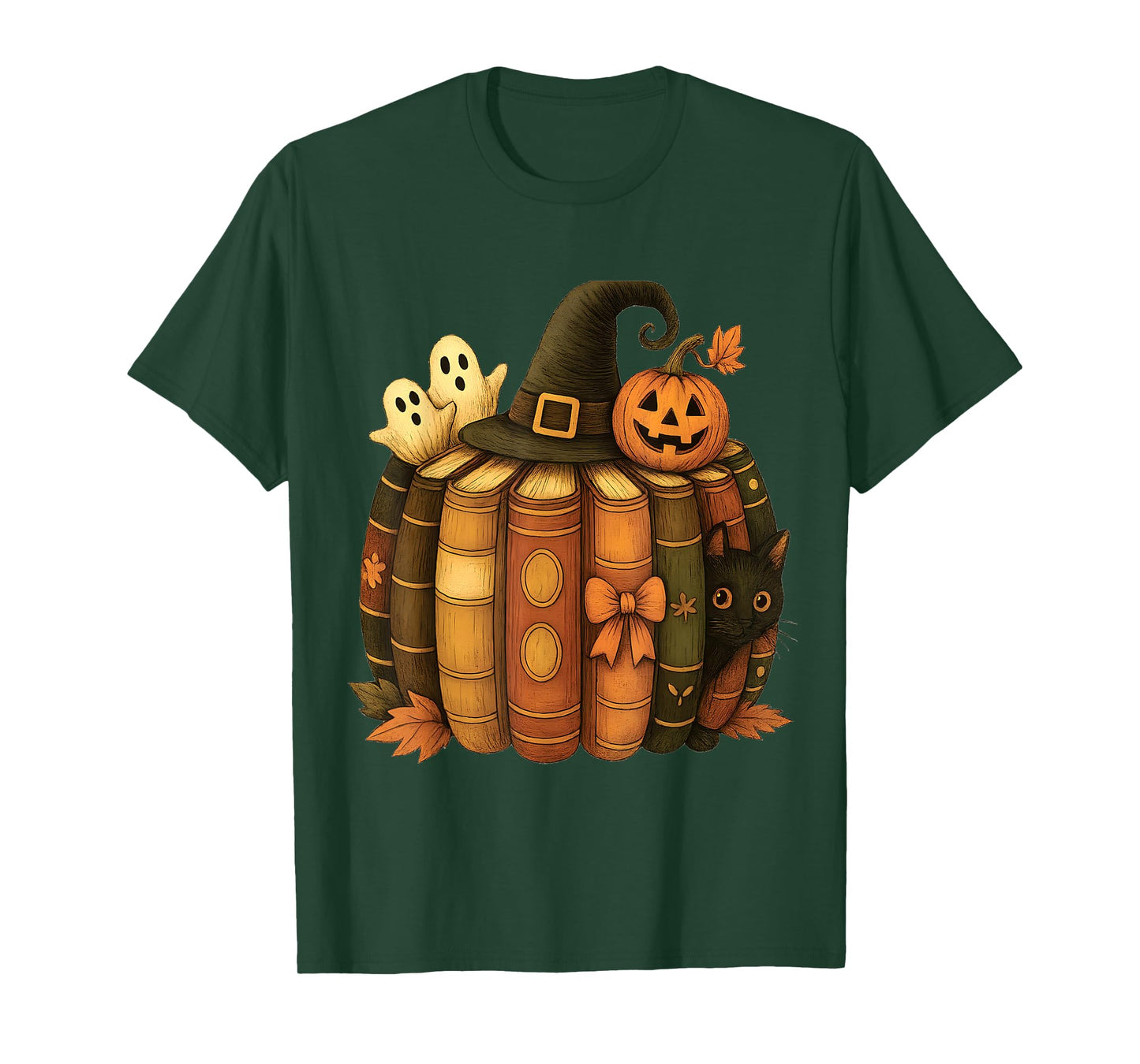 Black cat Witch hat Halloween Fall Book Pumpkin T-Shirt