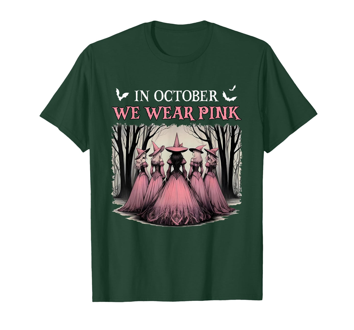 in October We Wear Pink Halloween Salem Witch Breast Cancer T-Shirt