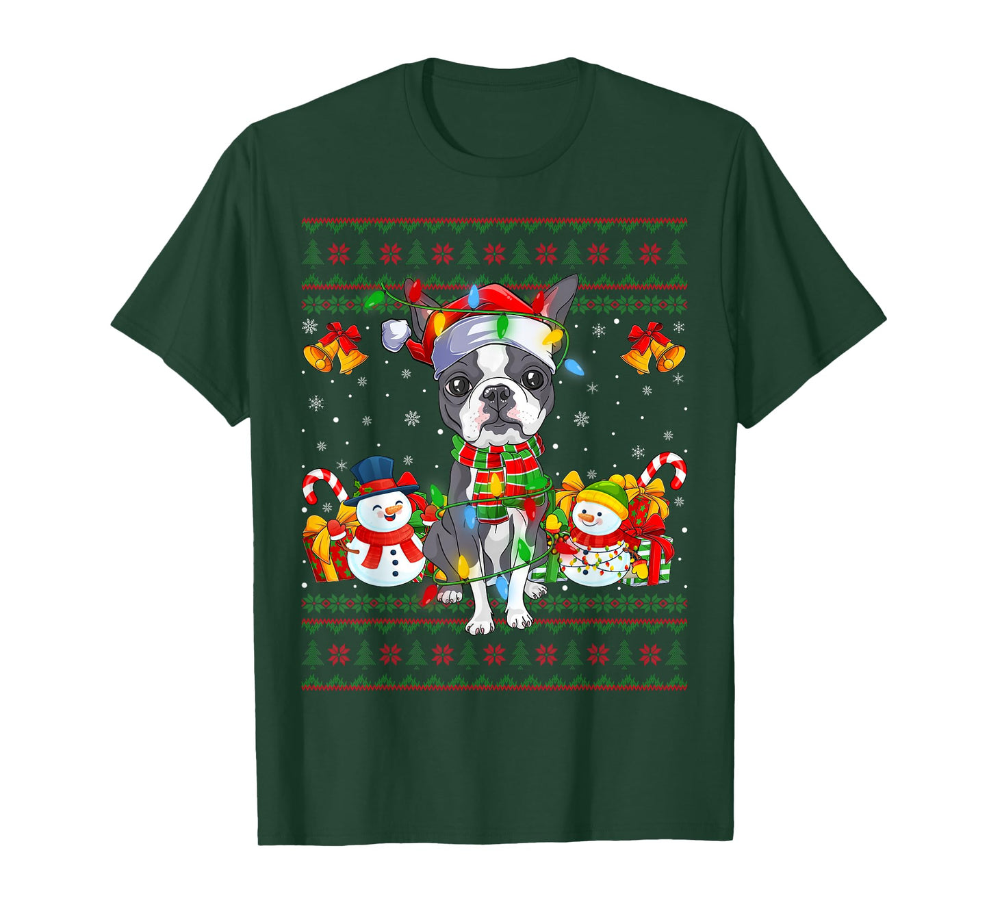 Boston Terrier Dog Ugly Christmas Sweaters Lights Dog Xmas T-Shirt