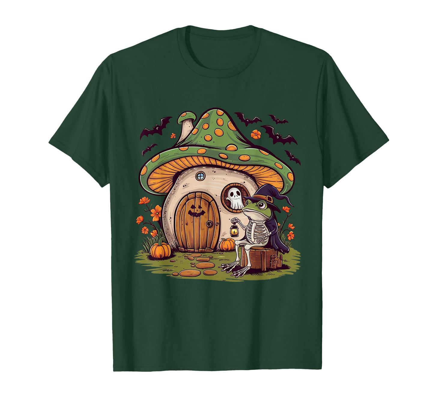 Frog Skeleton Mushroom House Funny Halloween Ghost Pumpkin T-Shirt
