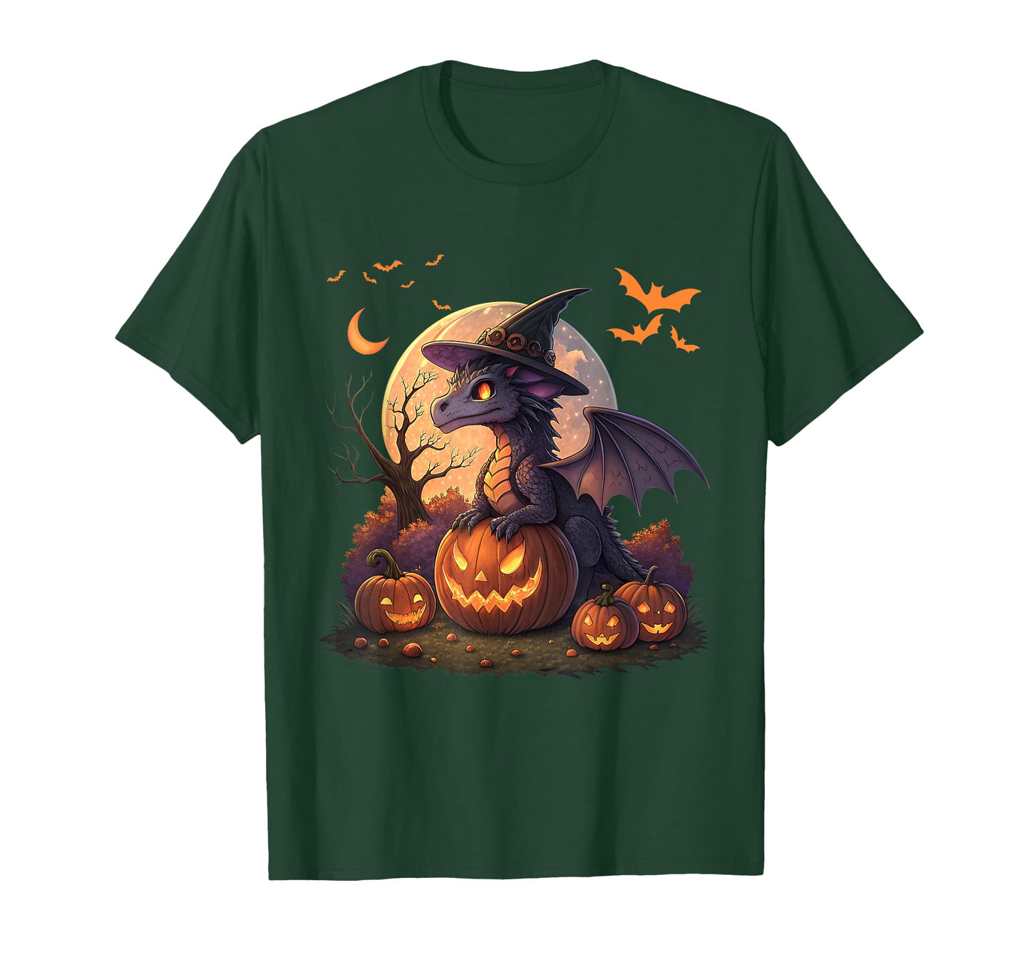 Cute Halloween Dragon Witch Hat Pumpkin Moon Fantasy T-Shirt