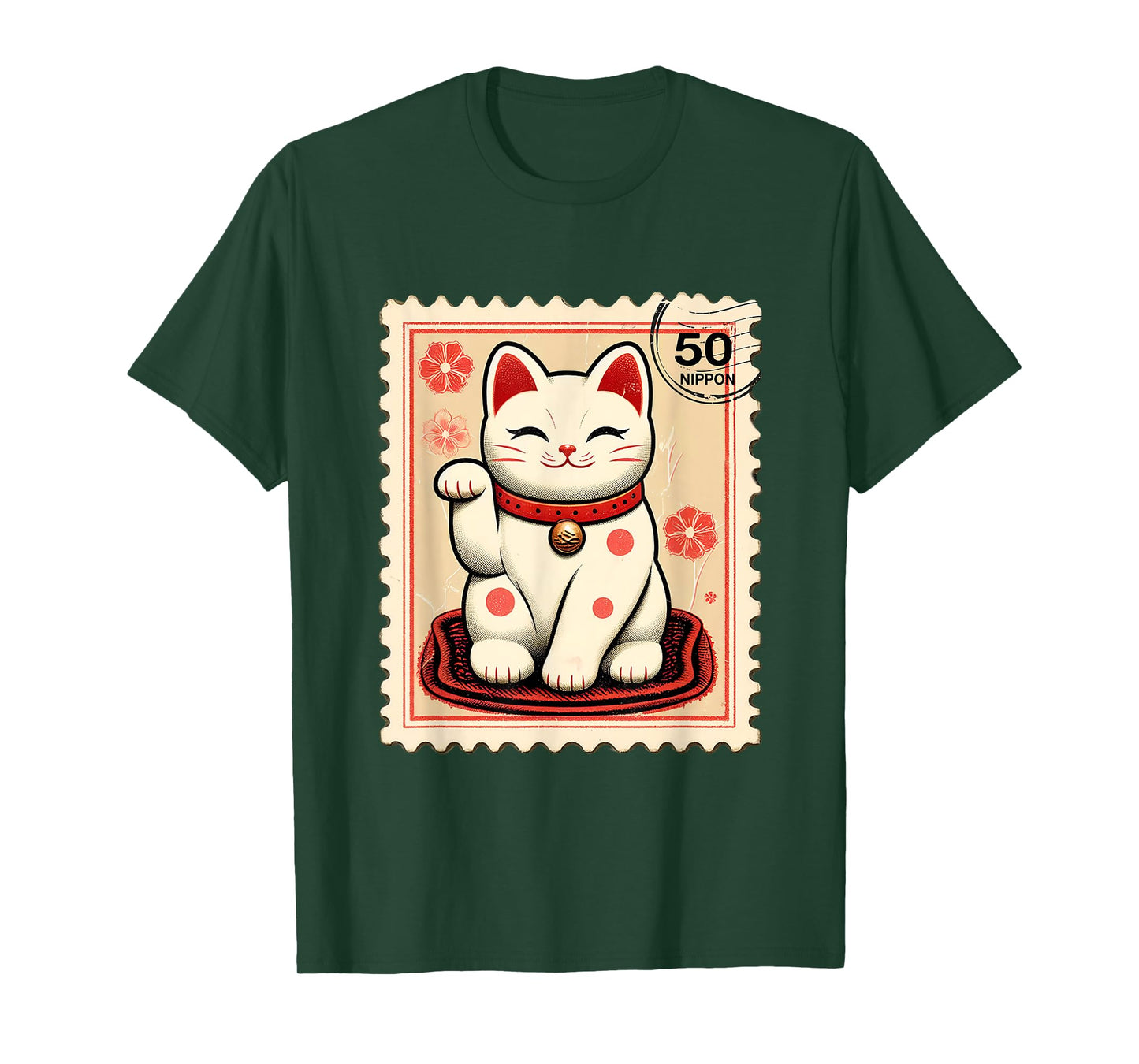 Maneki Neko Japanese Kawaii Lucky Cat Stamp Retro Aesthetic T-Shirt