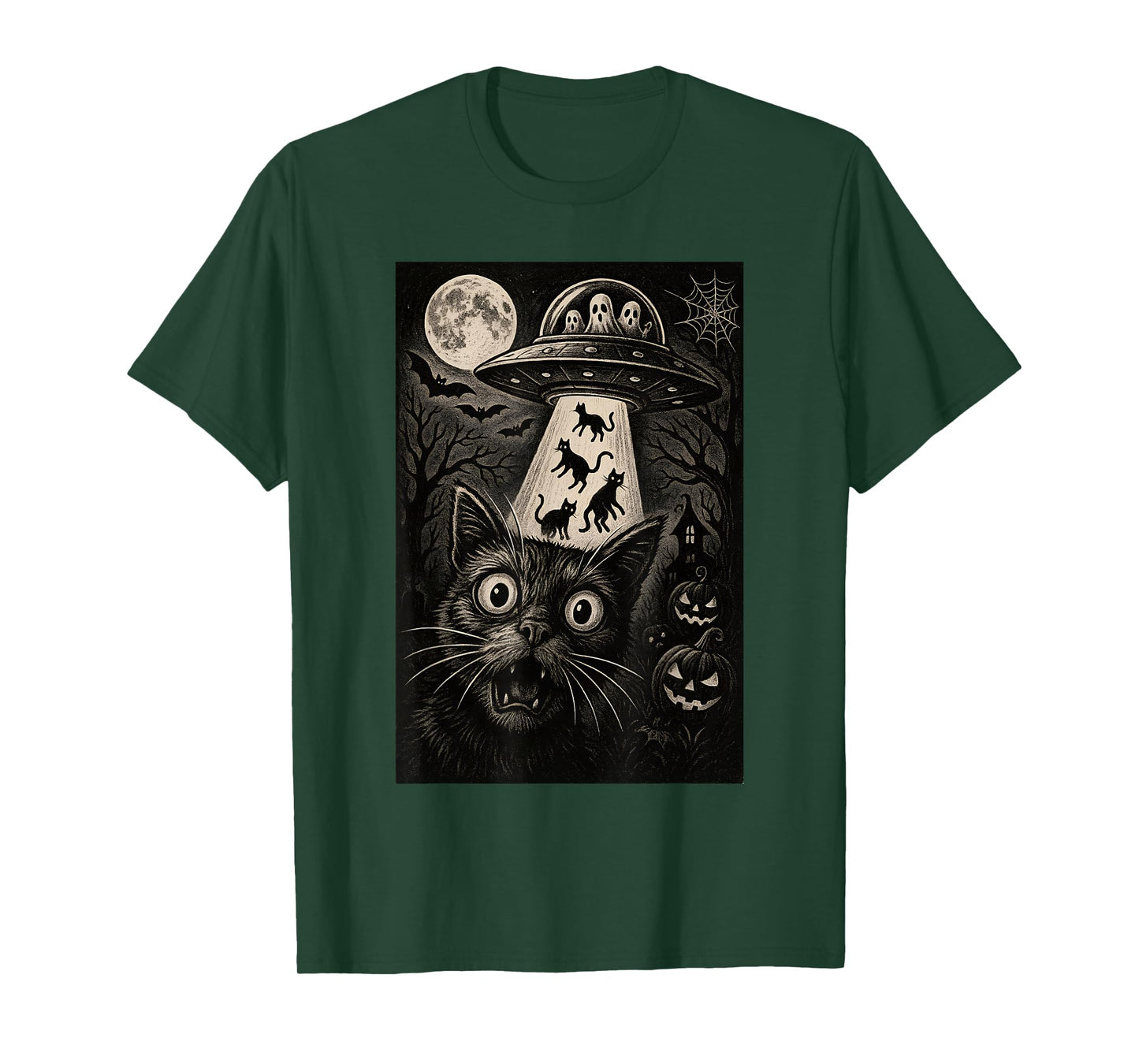 Halloween Cat Selfie Spooky Night Alien Abduction Cats UFO T-Shirt