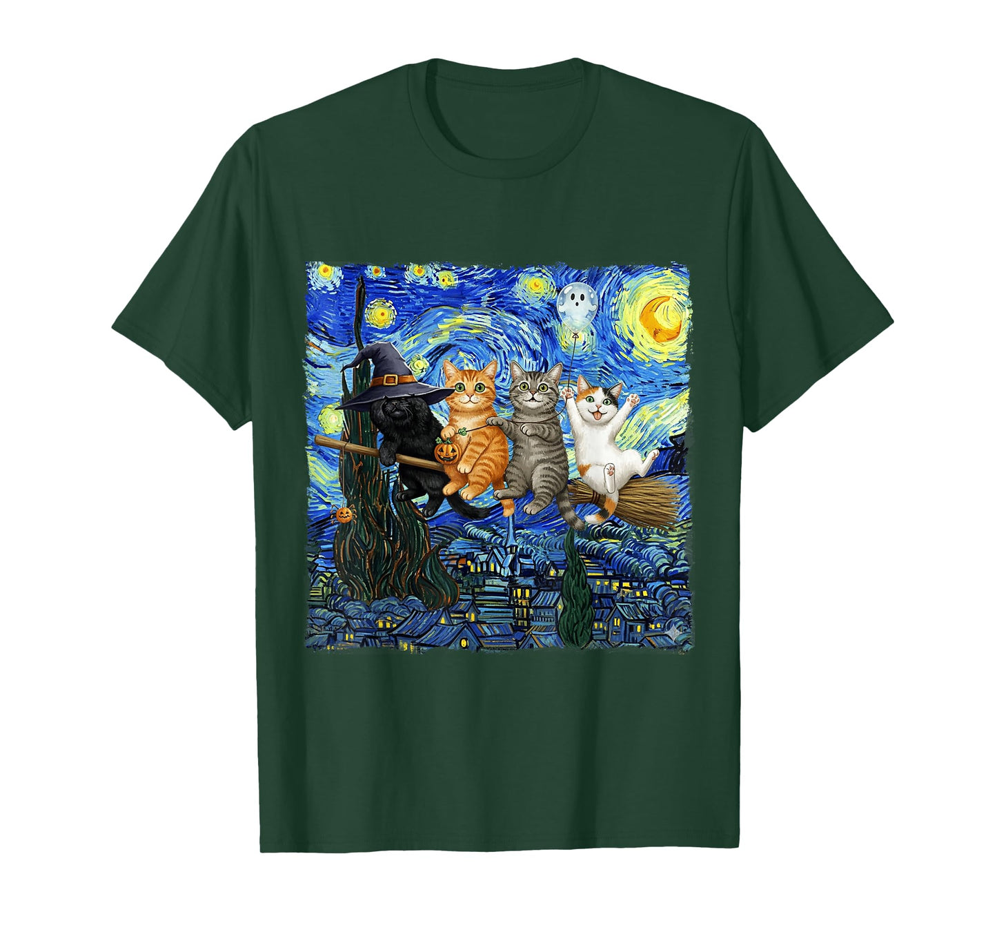 Starry Night Witch with Funny Cats Hanging on Broom Spooky T-Shirt