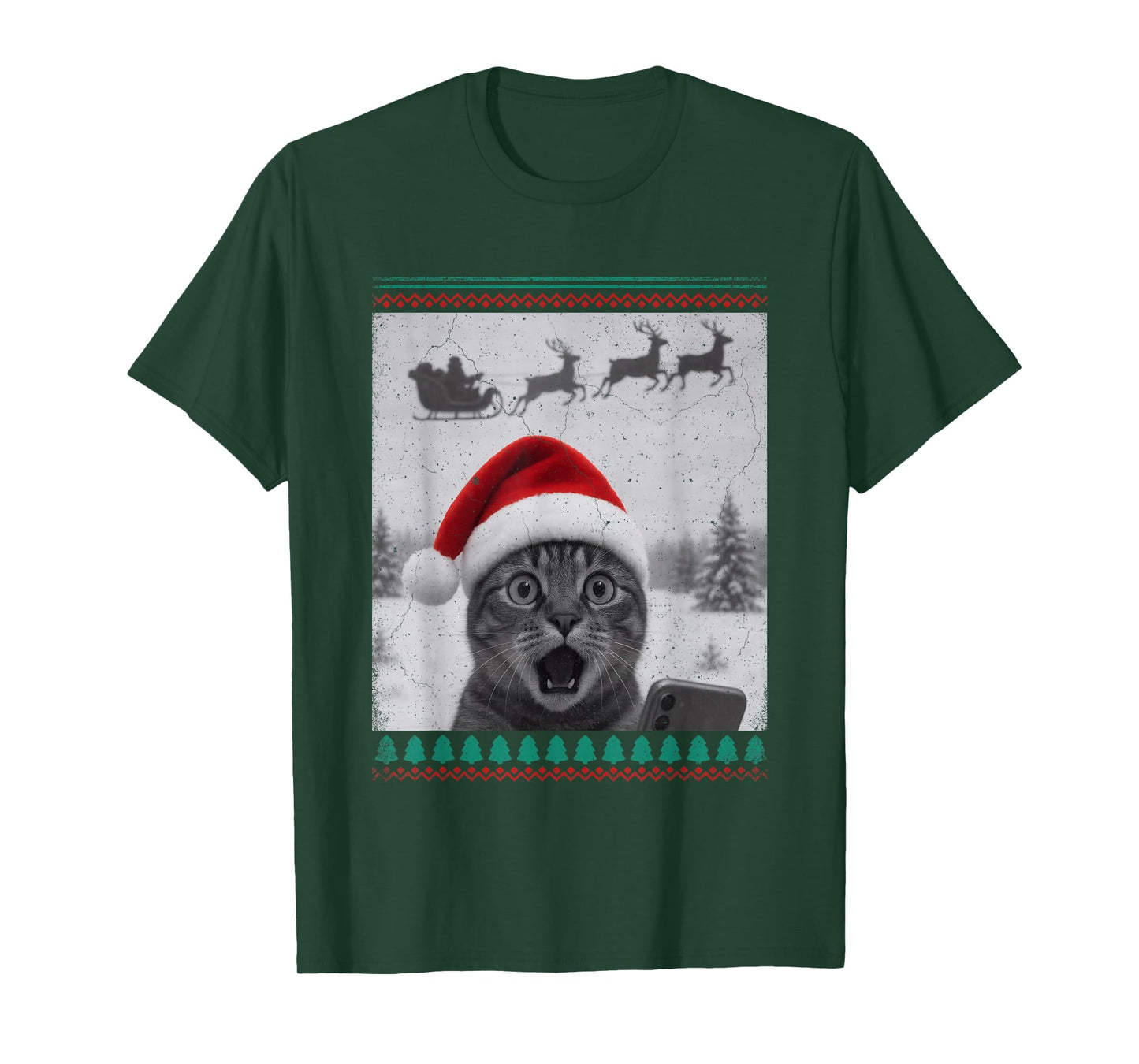 Ugly Christmas Funny Cat Selfie with Santa Sleigh T-Shirt