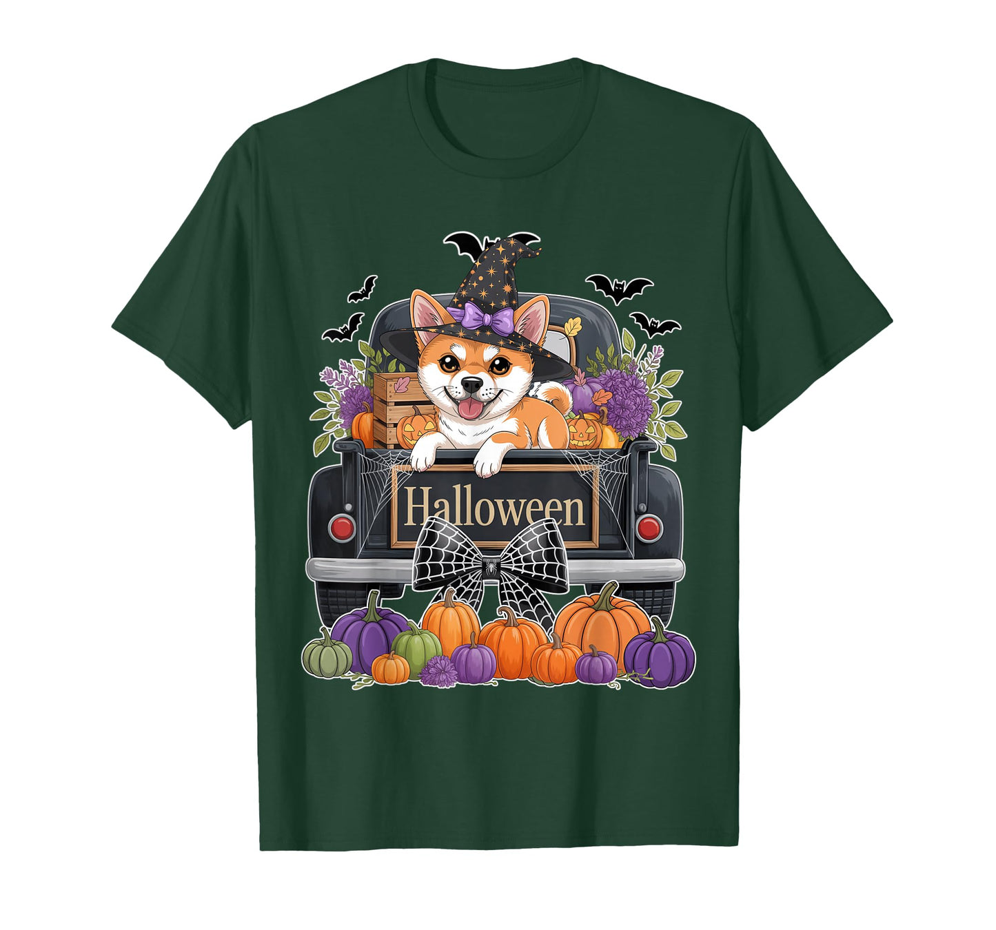 Funny Shiba Inu Witch Hat Truck Pumpkin Dog Lovers Halloween T-Shirt