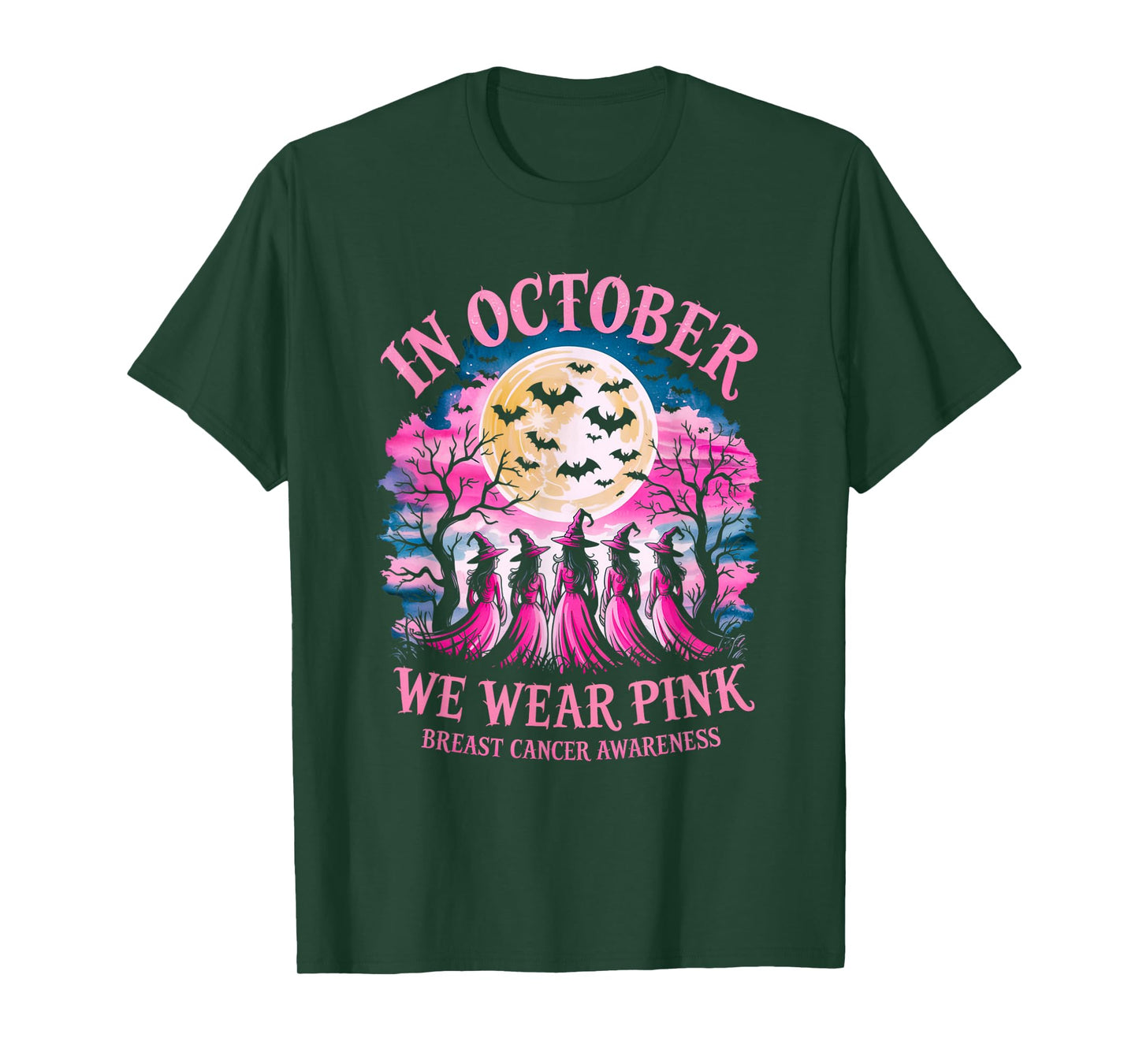 in October We Wear Pink Retro Witch Breast Cancer Awareness T-Shirt