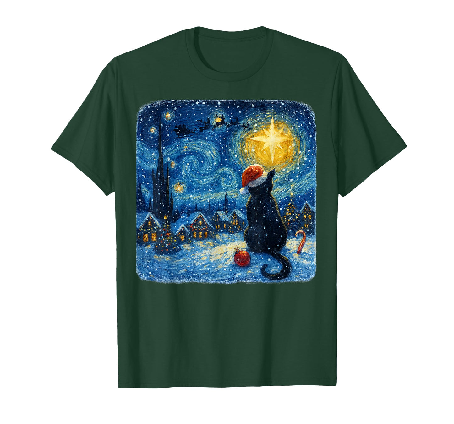 Funny Black Cat Merry Christmas Xmas Van Gogh Pajama Holiday T-Shirt