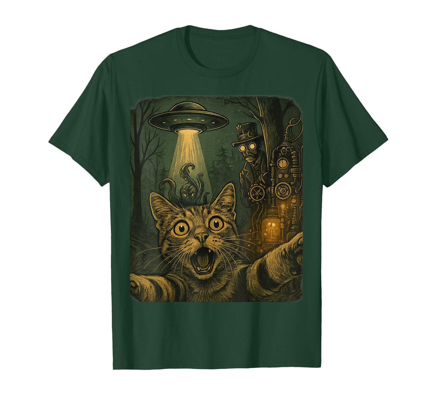 Cat Selfie UFO Steampunk Time Traveler Retro SciFi Victorian T-Shirt for Men Women
