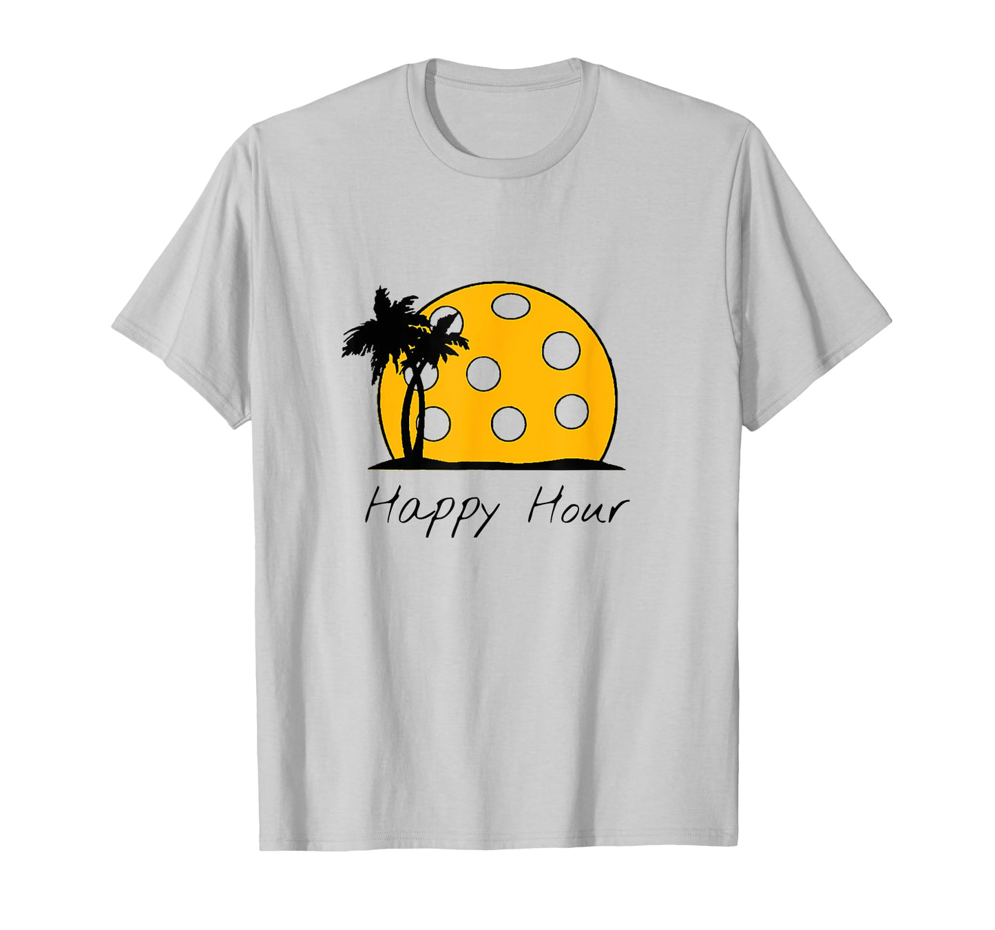 Fun Pickleball Shirts, HAPPY HOUR w/ huge Pickleball sunset T-Shirt