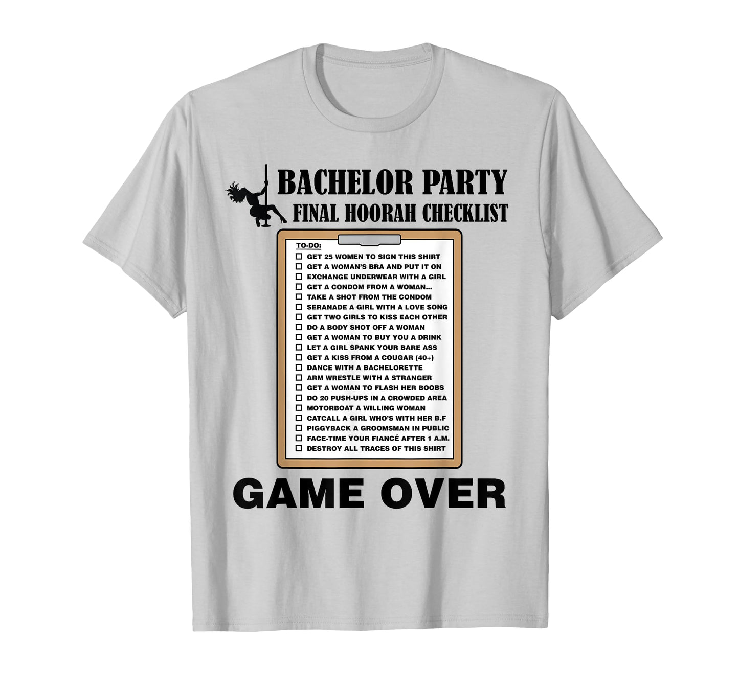 Mens Bachelor Party Checklist Funny Challenge for Grooms T-Shirt
