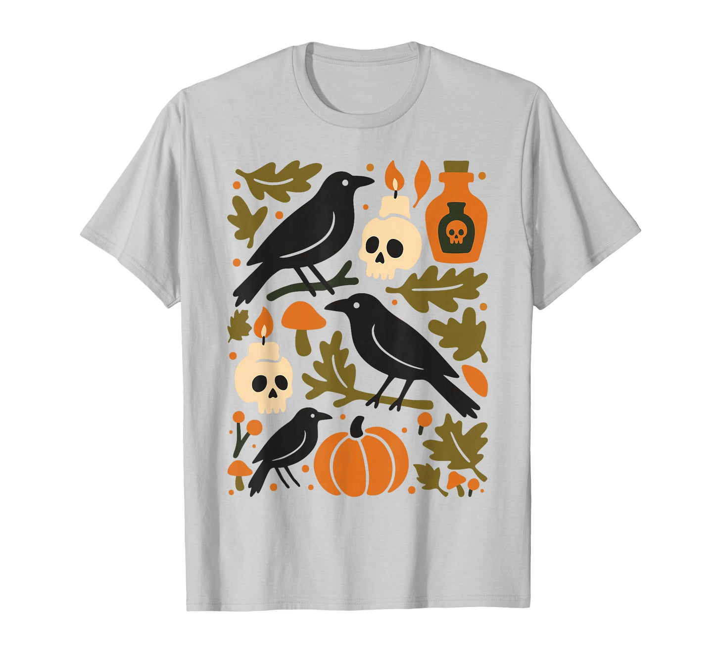 Halloween Ravens Skulls Pumpkin Autumn Leaves Spooky Season T-Shirt