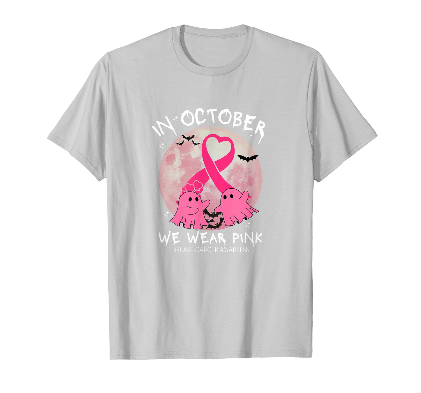 in October We Wear Pink Ghost Witch Breast Cancer Awareness T-Shirt