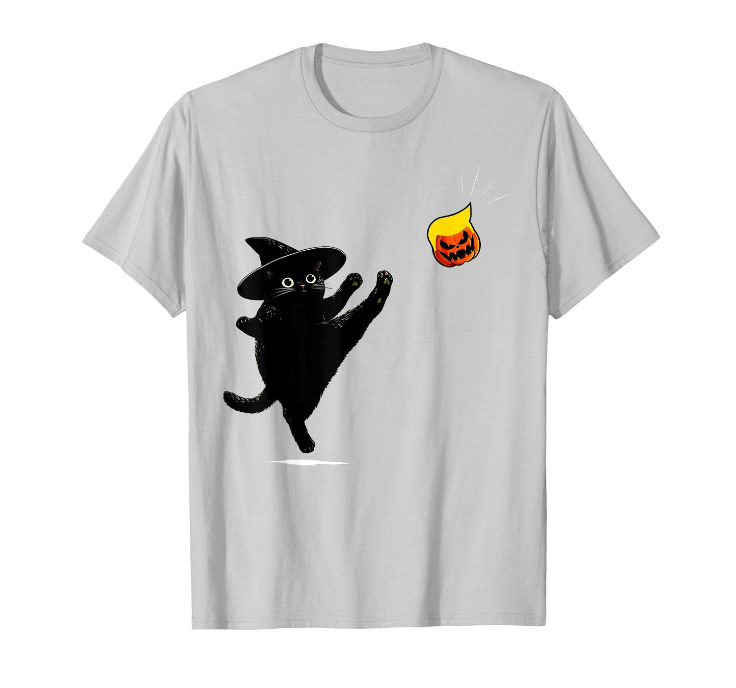 Black Cat Witch Kicking Pumpkin Funny Halloween T-Shirt