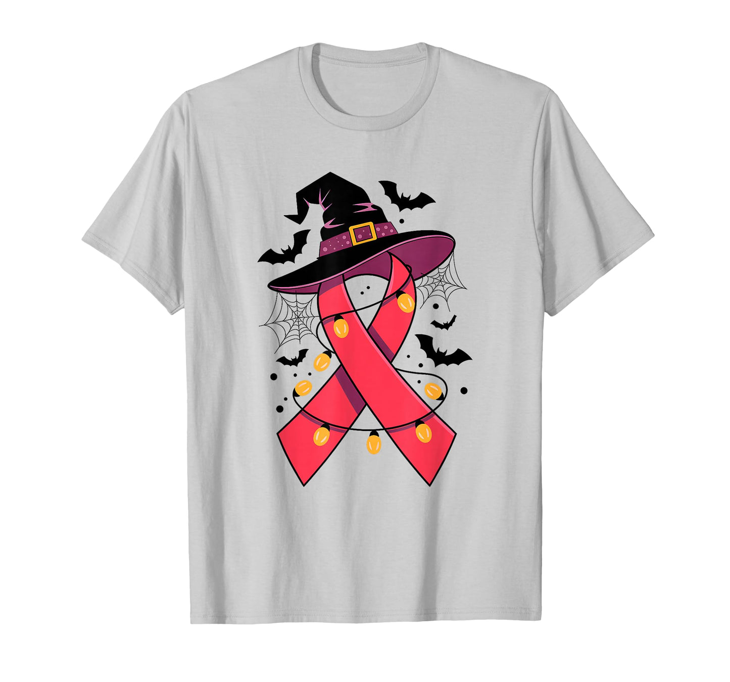 Pink Ribbon Witch Hat Halloween Breast Cancer Womens Girls T-Shirt