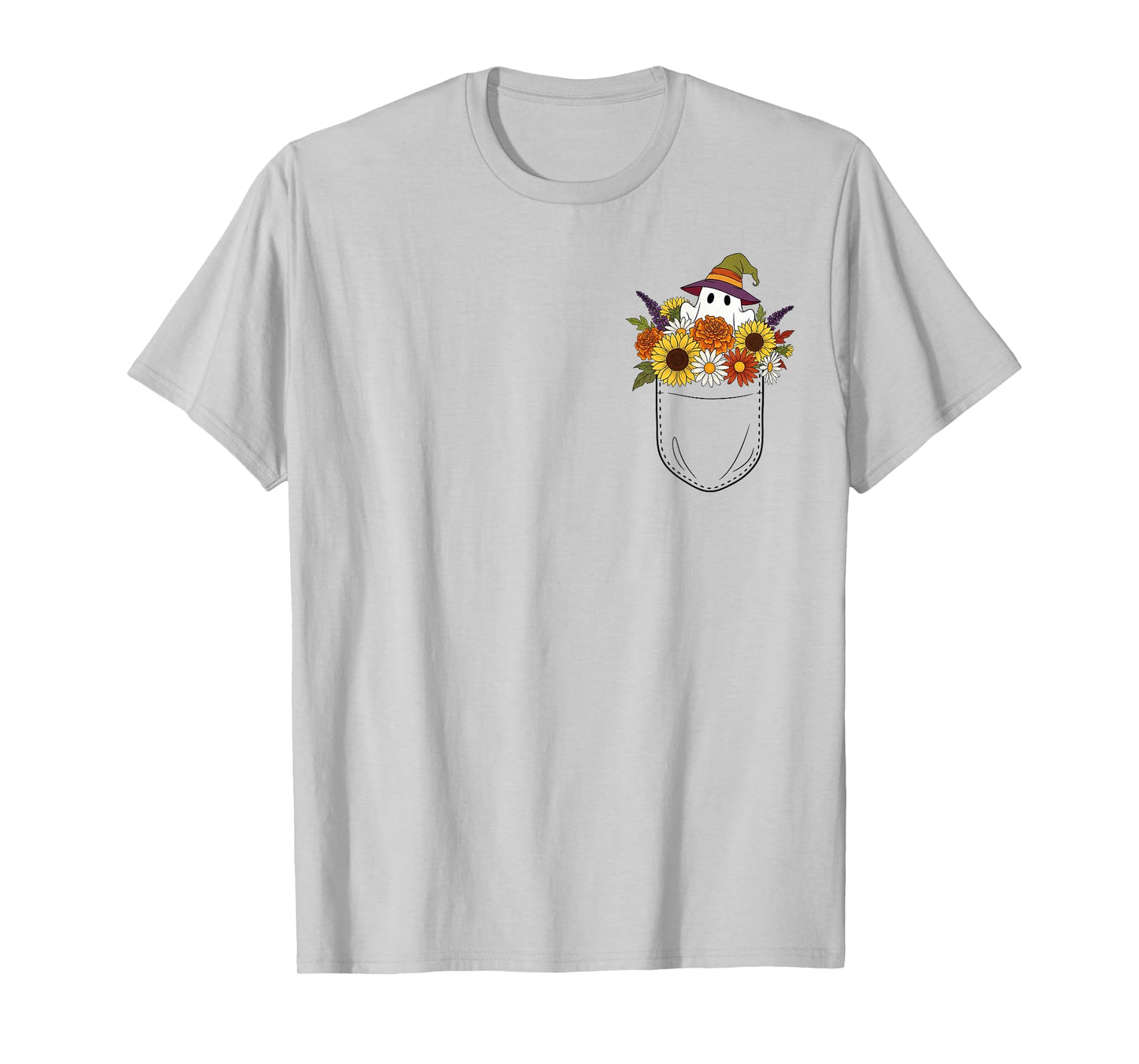 Cute Floral Pocket Ghost in Bouquet of Autumn Flowers T-Shirt