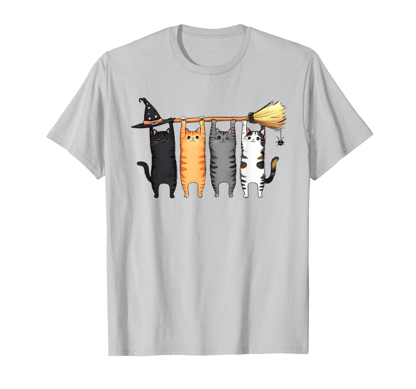 Cute Halloween Tabby Cat Witch Hat Broom T-Shirt