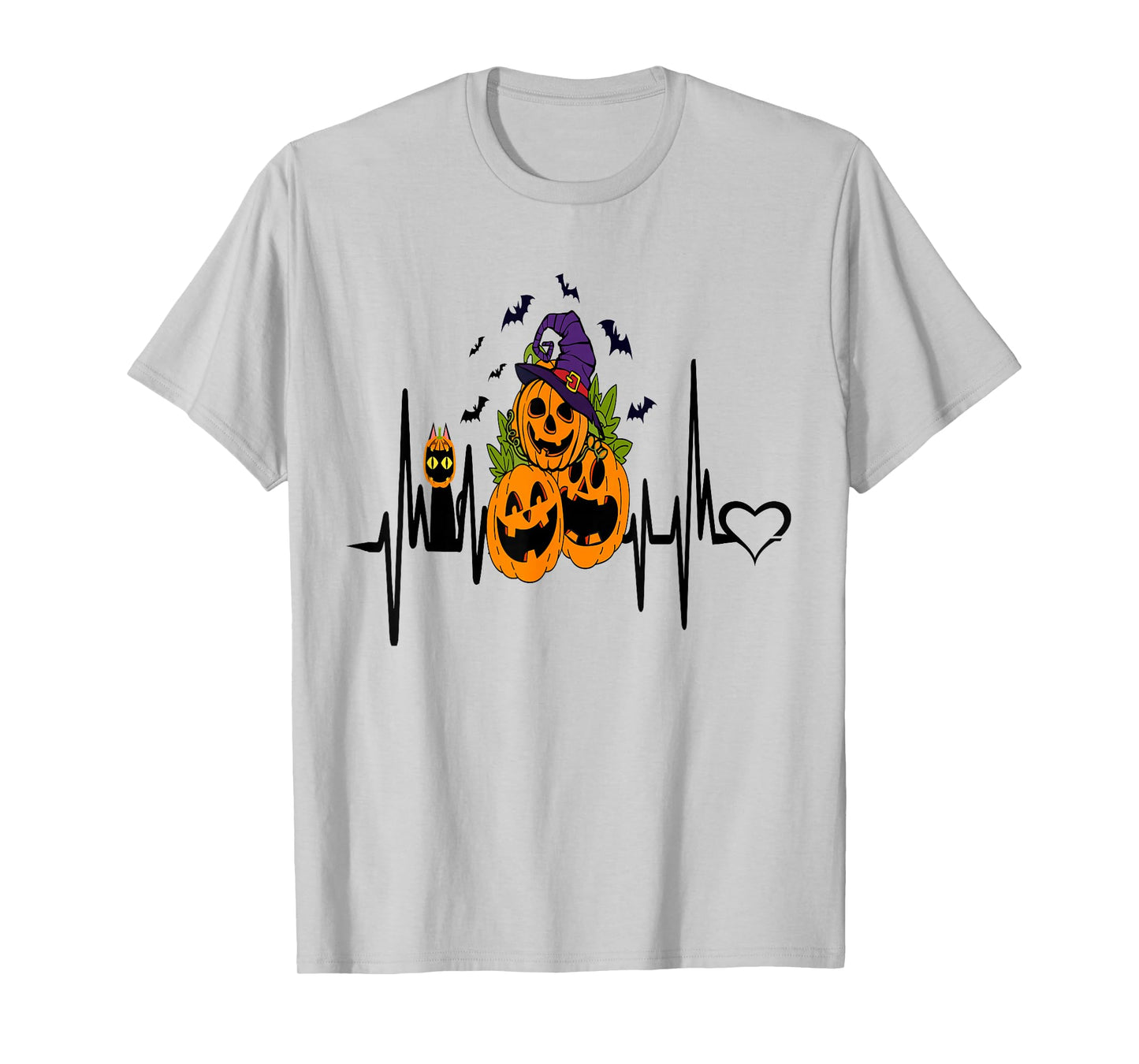 Funny Pumpkin Heartbeat Halloween with Cat Women Men Kids T-Shirt