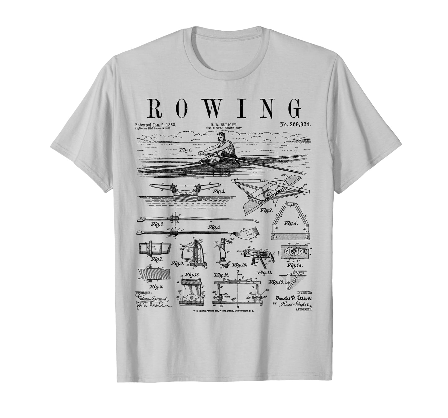 Rowing Sport Rower Sculling Single Scull Boat Vintage Patent T-Shirt