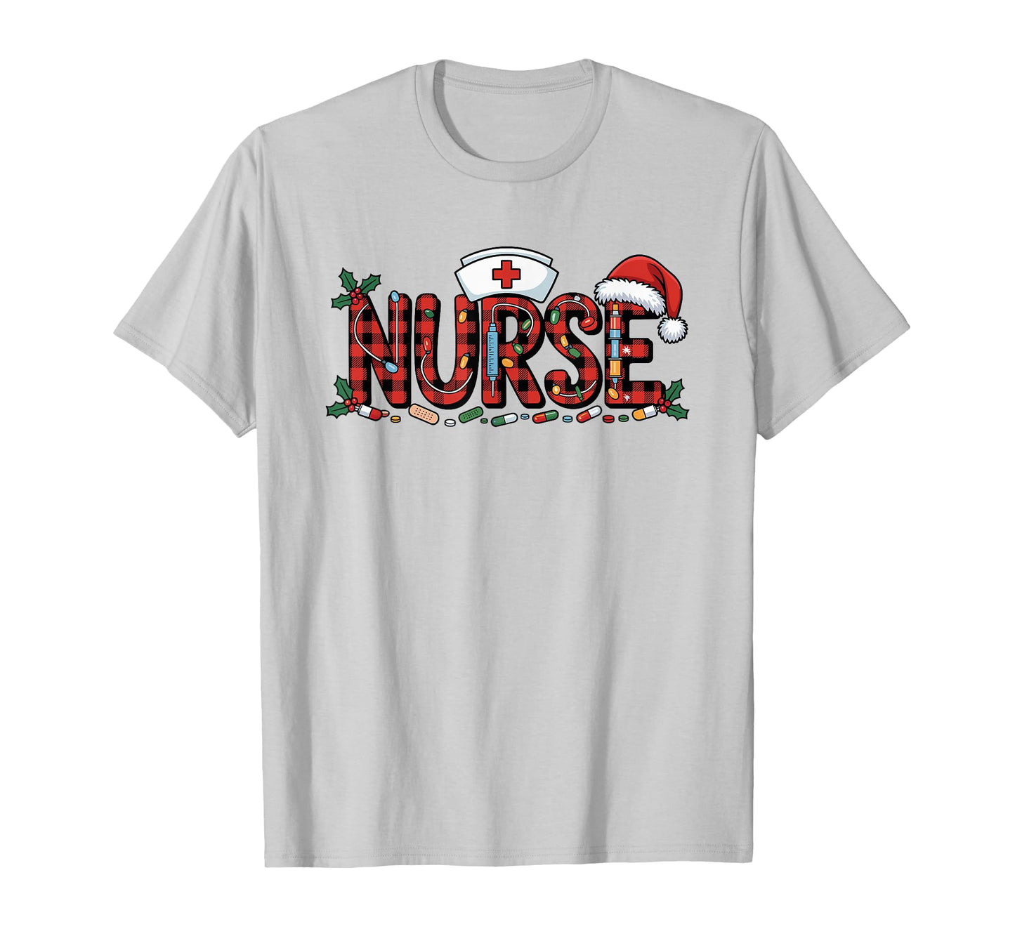 Christmas Nurse Buffalo Plaid Santa Hat Christmas Lights T-Shirt