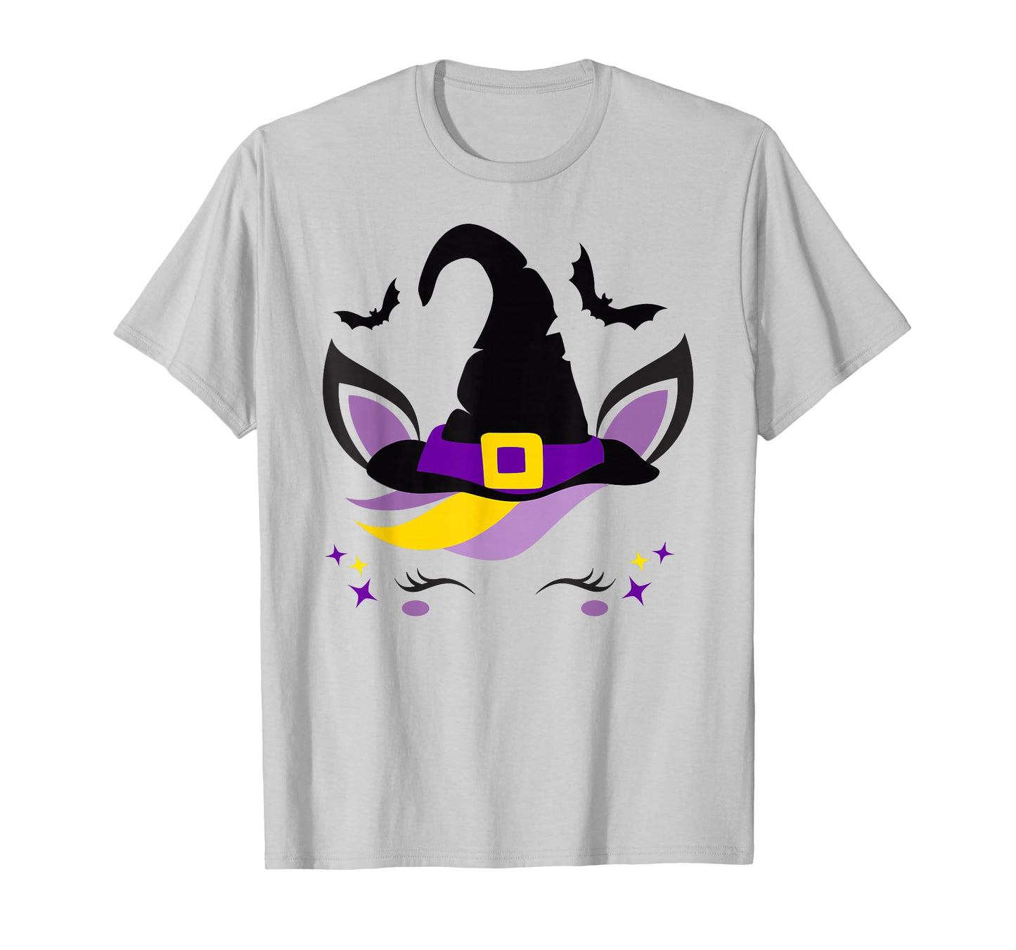 Unicorn Face Eyelashes Bat Scary Witch Hat Halloween Costume T-Shirt