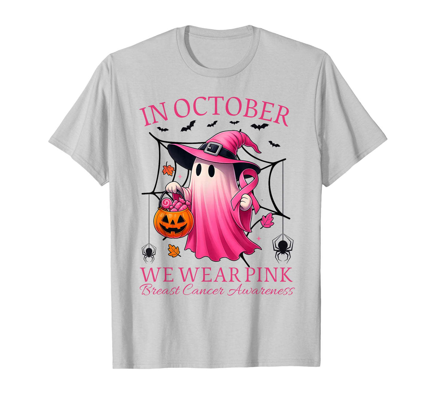 in October We Wear Pink Ghost Witch Breast Cancer Awareness T-Shirt