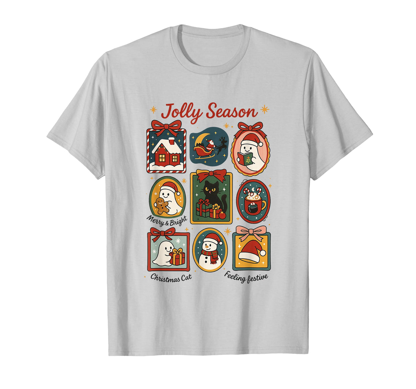 Jolly Season Ghost Cat Santa Christmas Frame Merry & Bright T-Shirt
