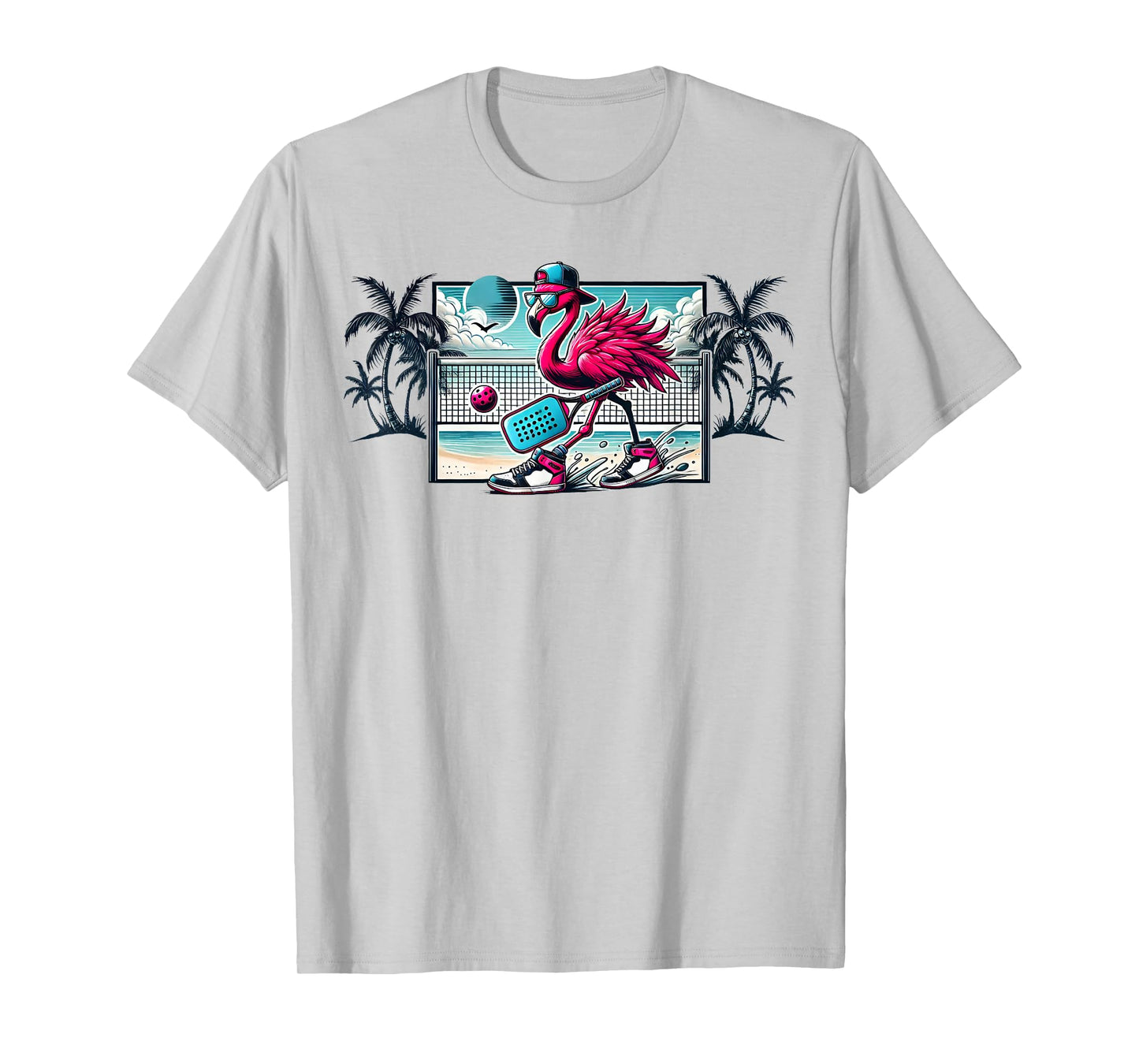 Flamingo Pickleball Beach Tropical Palm Trees Pickleball Fun T-Shirt