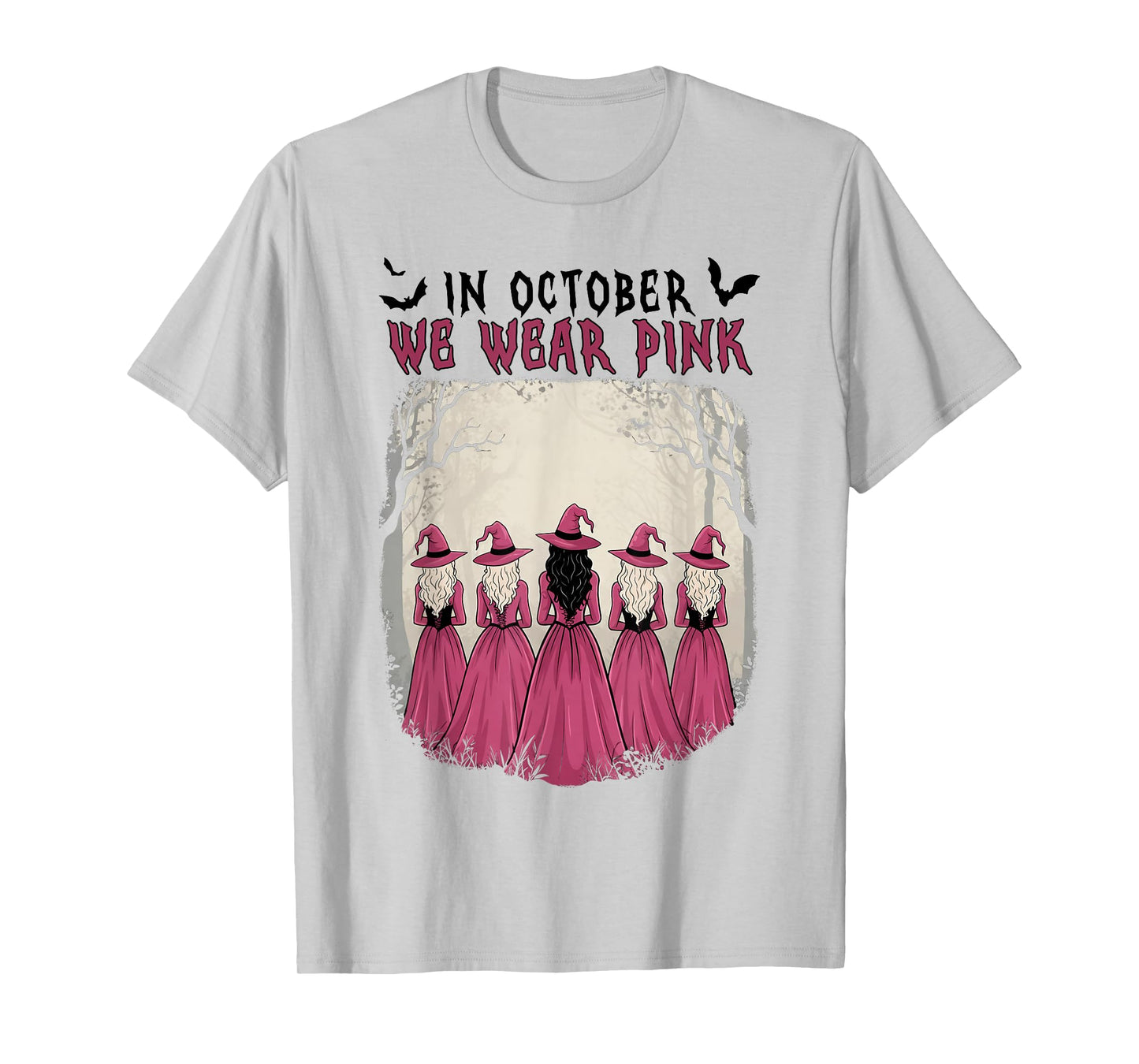 in October We Wear Pink Witch Halloween Breast Cancer Women T-Shirt