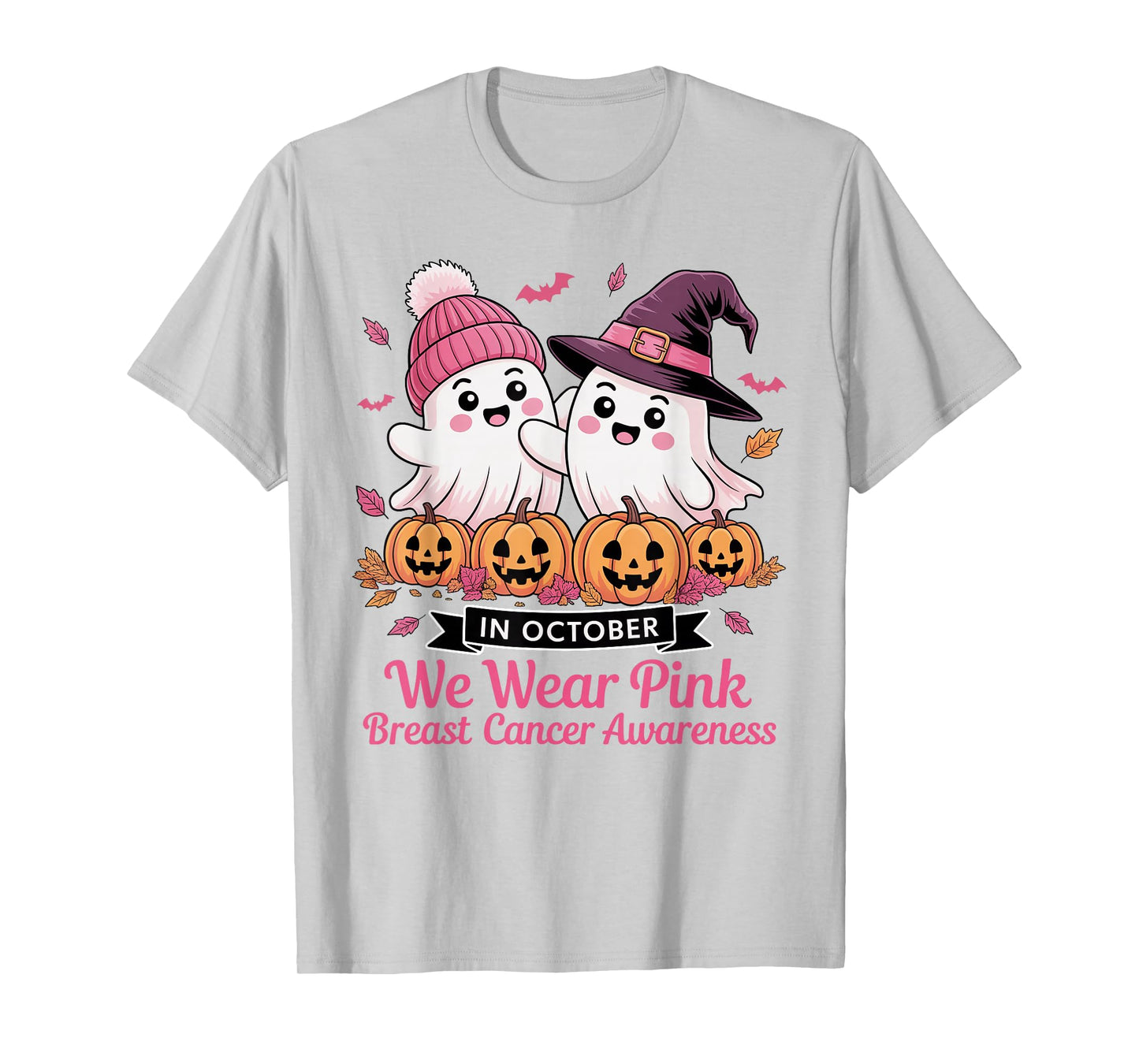 in October We Wear Pink Ghost Witch Breast Cancer Awareness T-Shirt
