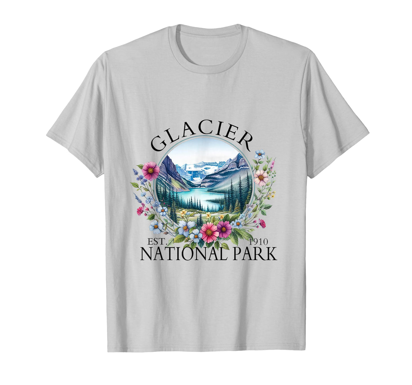 Retro Floral Glacier National Park Hiking Camping Outdoor T-Shirt