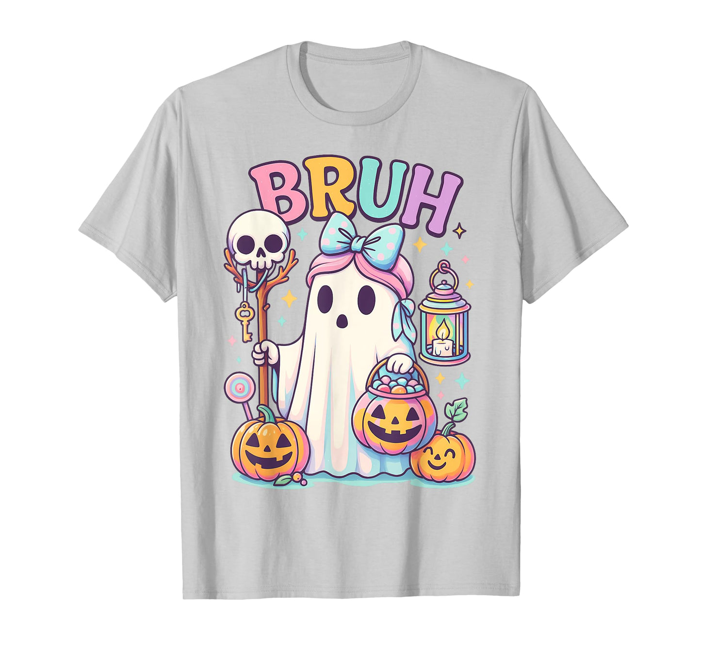 Bruh Halloween Cute Ghost Trick Or Treat Candy Bow Girl Kids T-Shirt