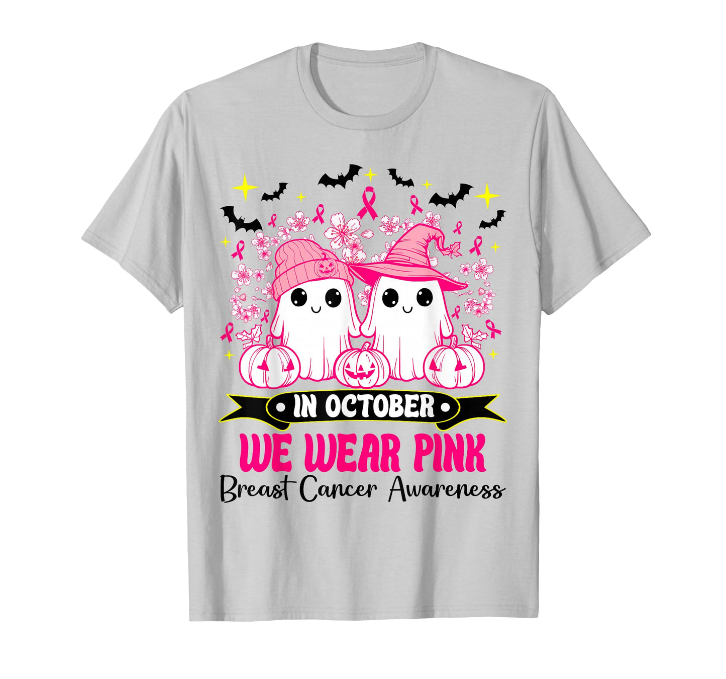 in October We Wear Pink Ghost Witch Breast Cancer Awareness T-Shirt