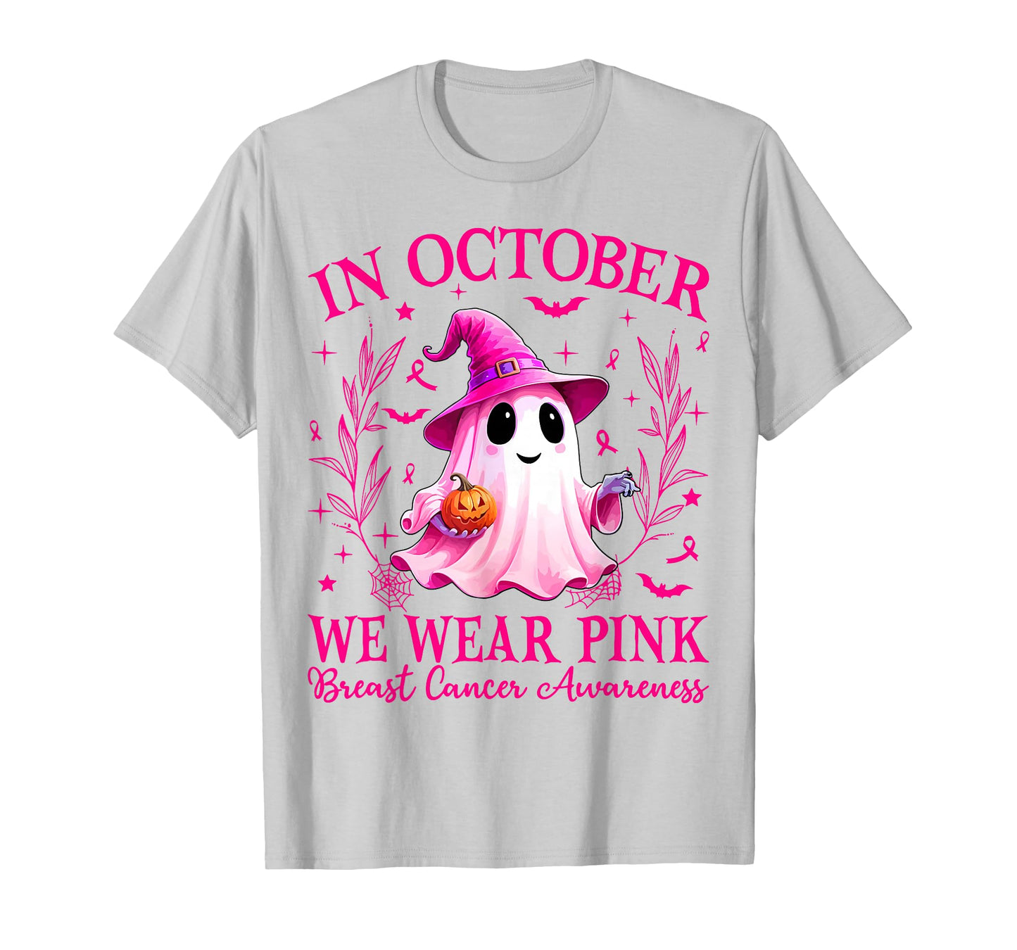 in October We Wear Pink Ghost Witch Breast Cancer Awareness T-Shirt