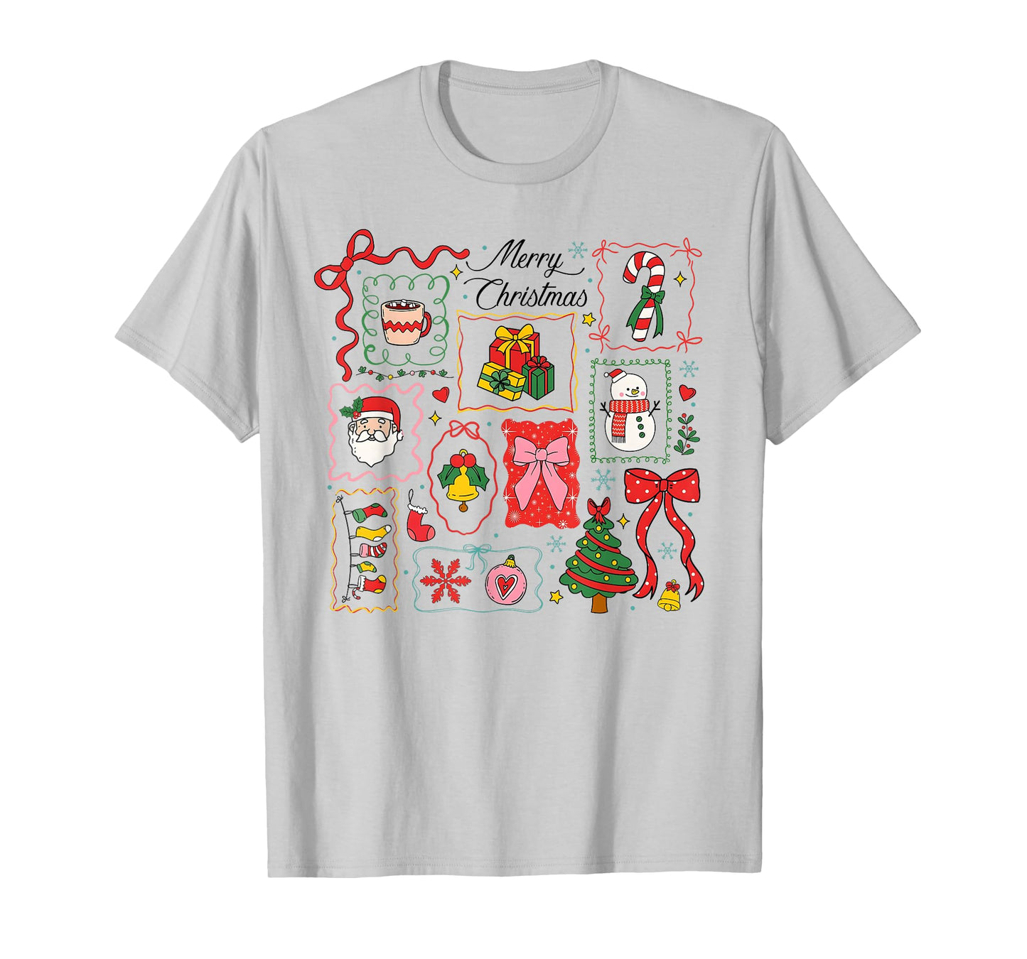 Christmas Doodle Coquette Bows Christmas Tree Snowman Santa T-Shirt