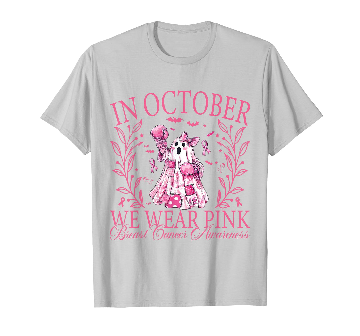 in October We Wear Pink Ghost Witch Breast Cancer Awareness T-Shirt