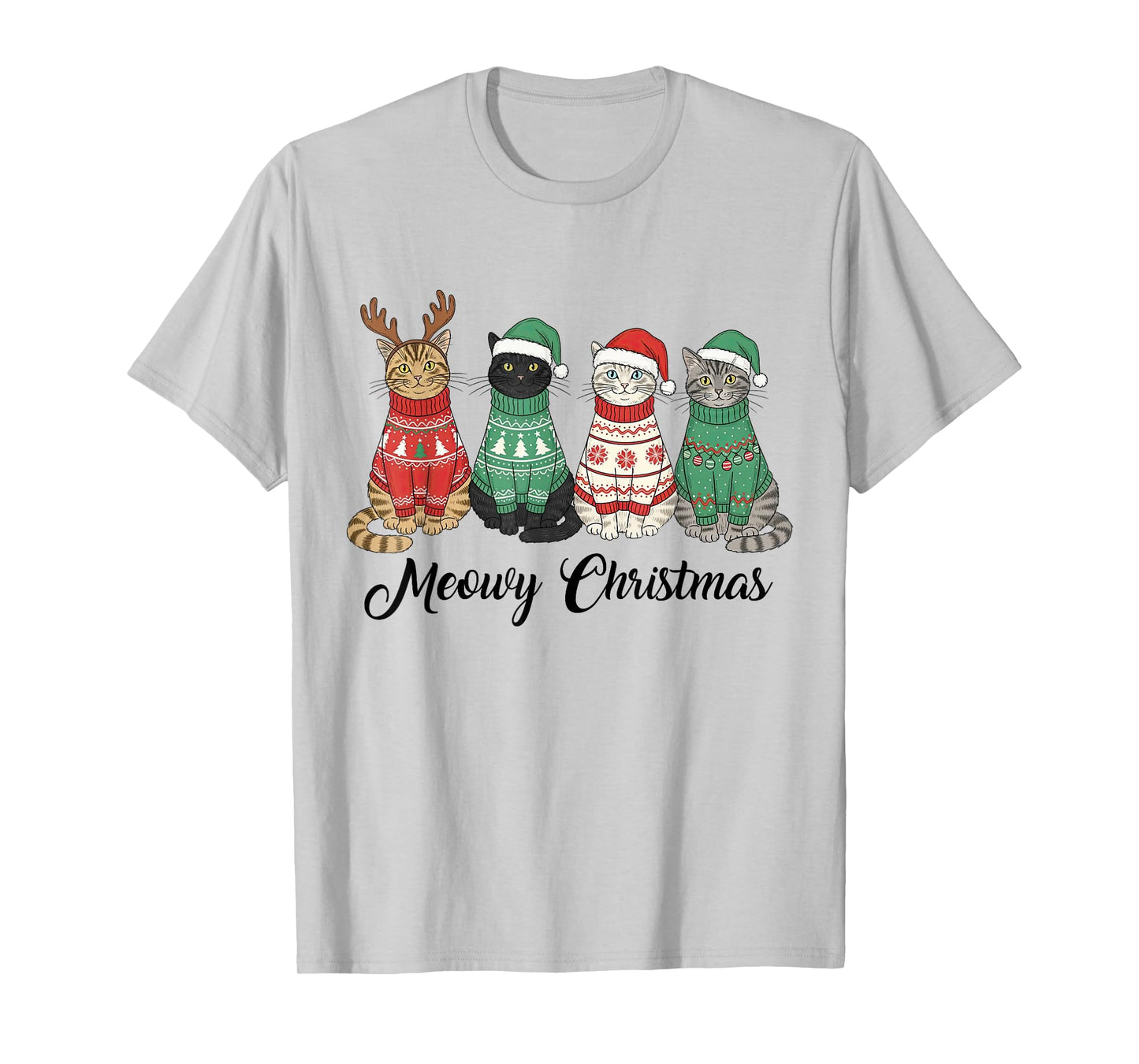 Meowy Christmas Cat Lover Reindeer Santa Claus Women Girls T-Shirt