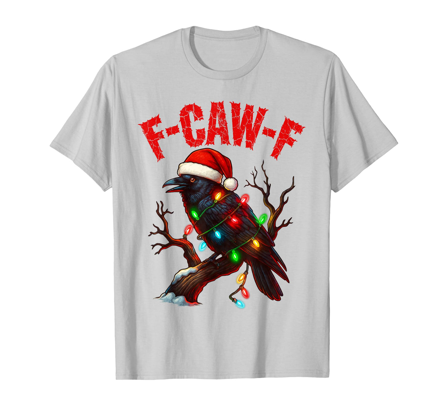 Black Crow F-Caw-F Funny Retro Christmas Lights Santa hat T-Shirt