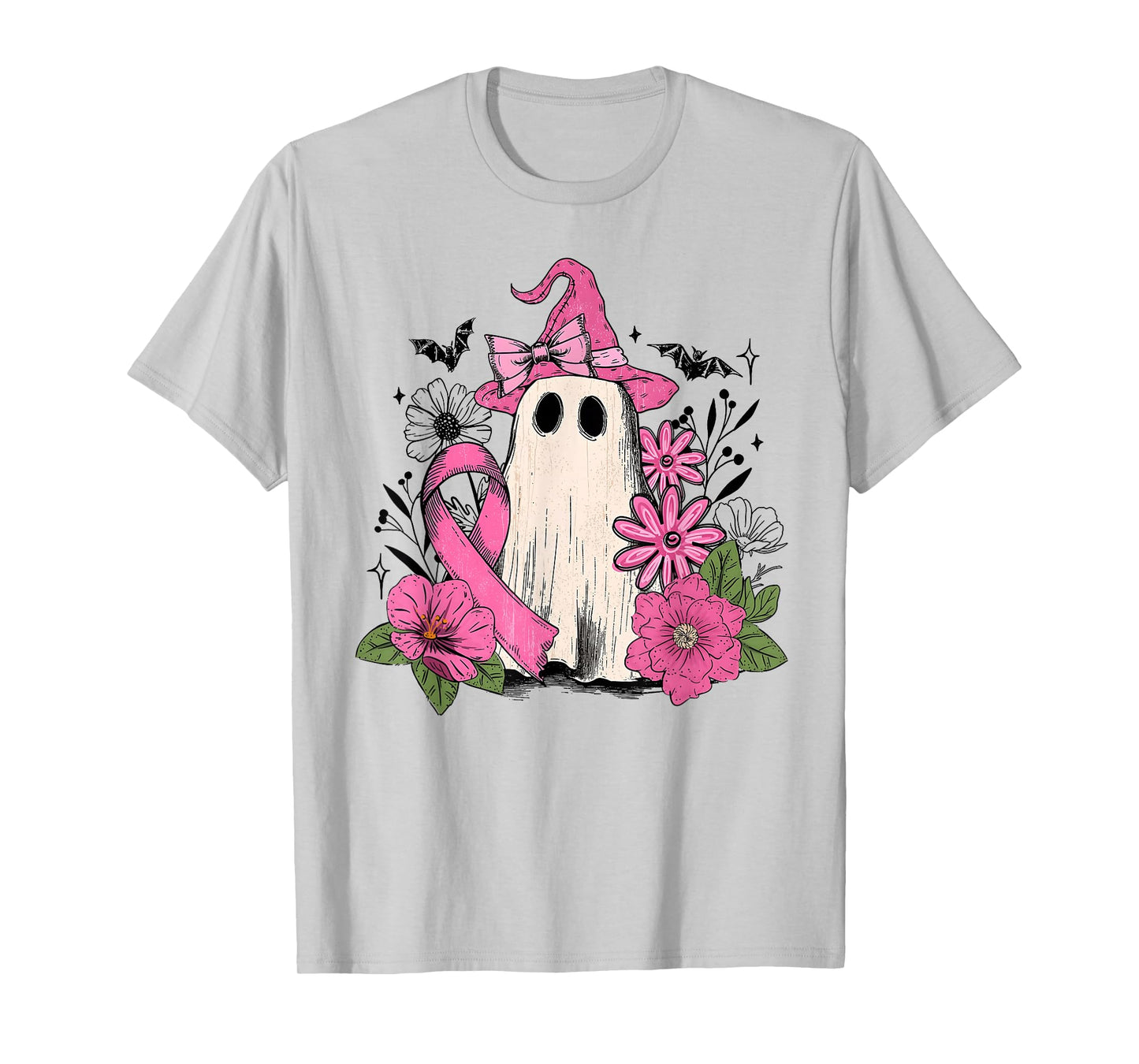Pink Ribbon Floral Ghost Witch Breast Cancer Awareness T-Shirt