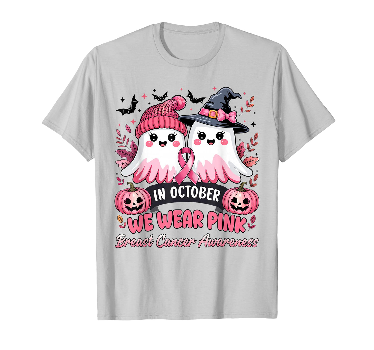 in October We Wear Pink Ghost Witch Breast Cancer Awareness T-Shirt