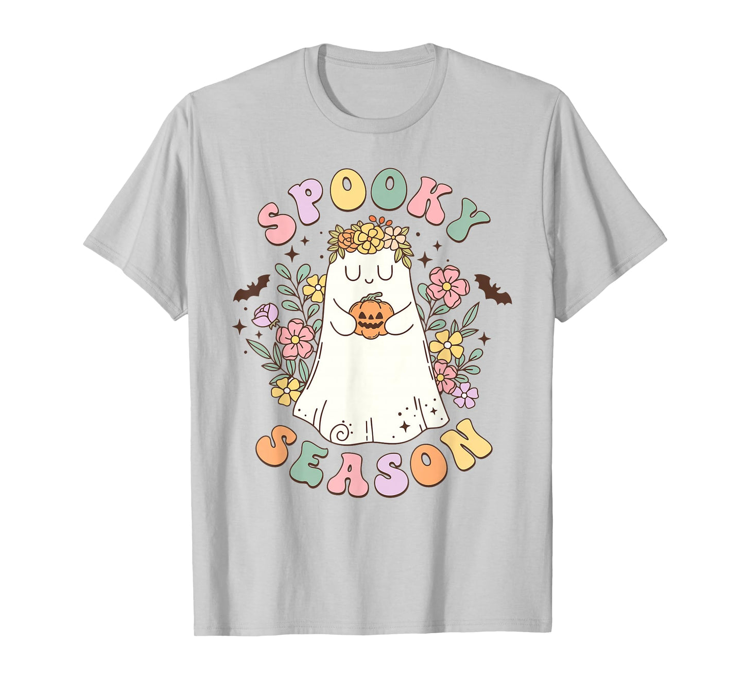 Groovy Spooky Season Retro Ghost Holding Pumpkin Halloween T-Shirt